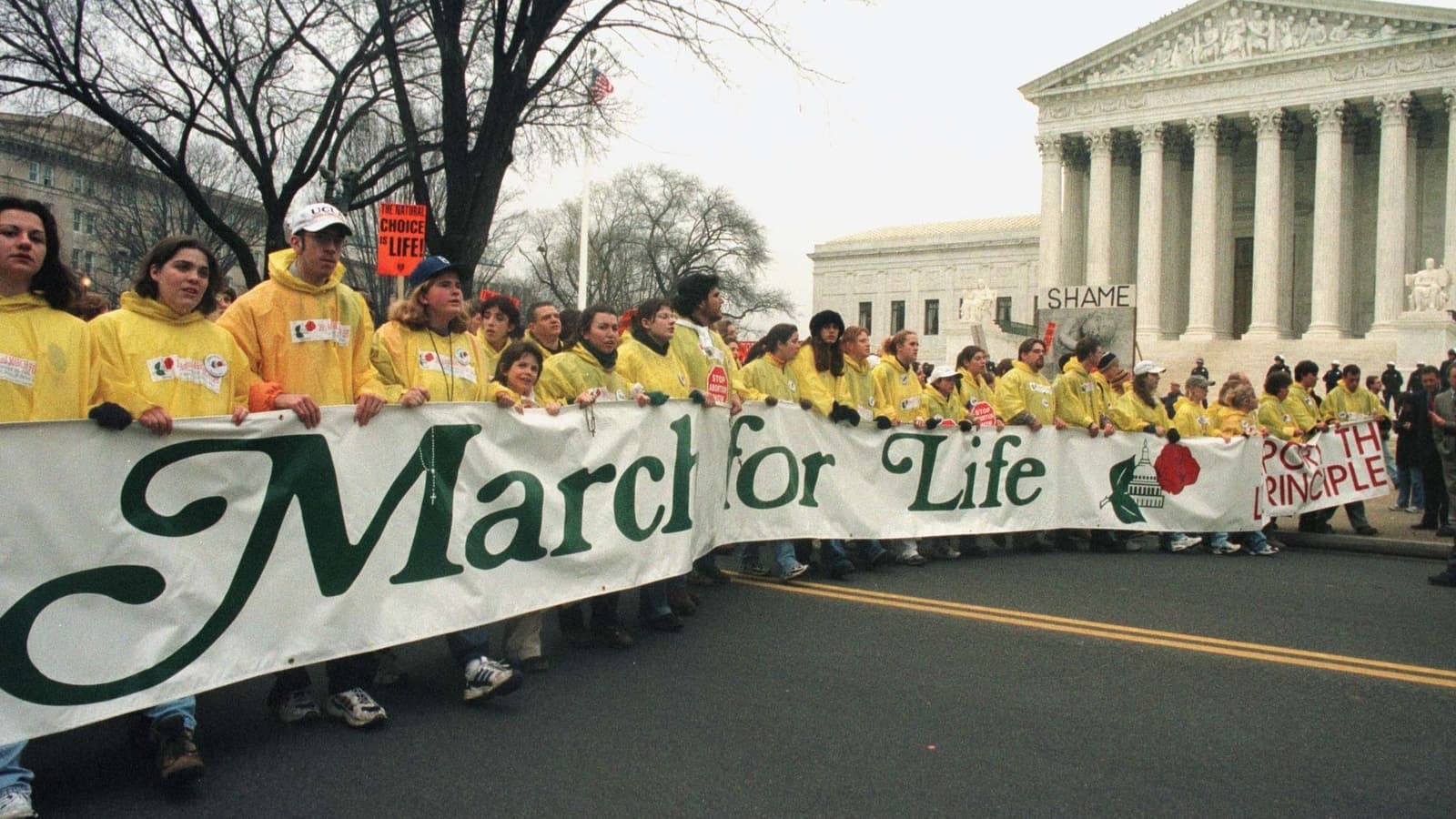 Anti-abortion activists march in front of the US Supreme Court with banner.