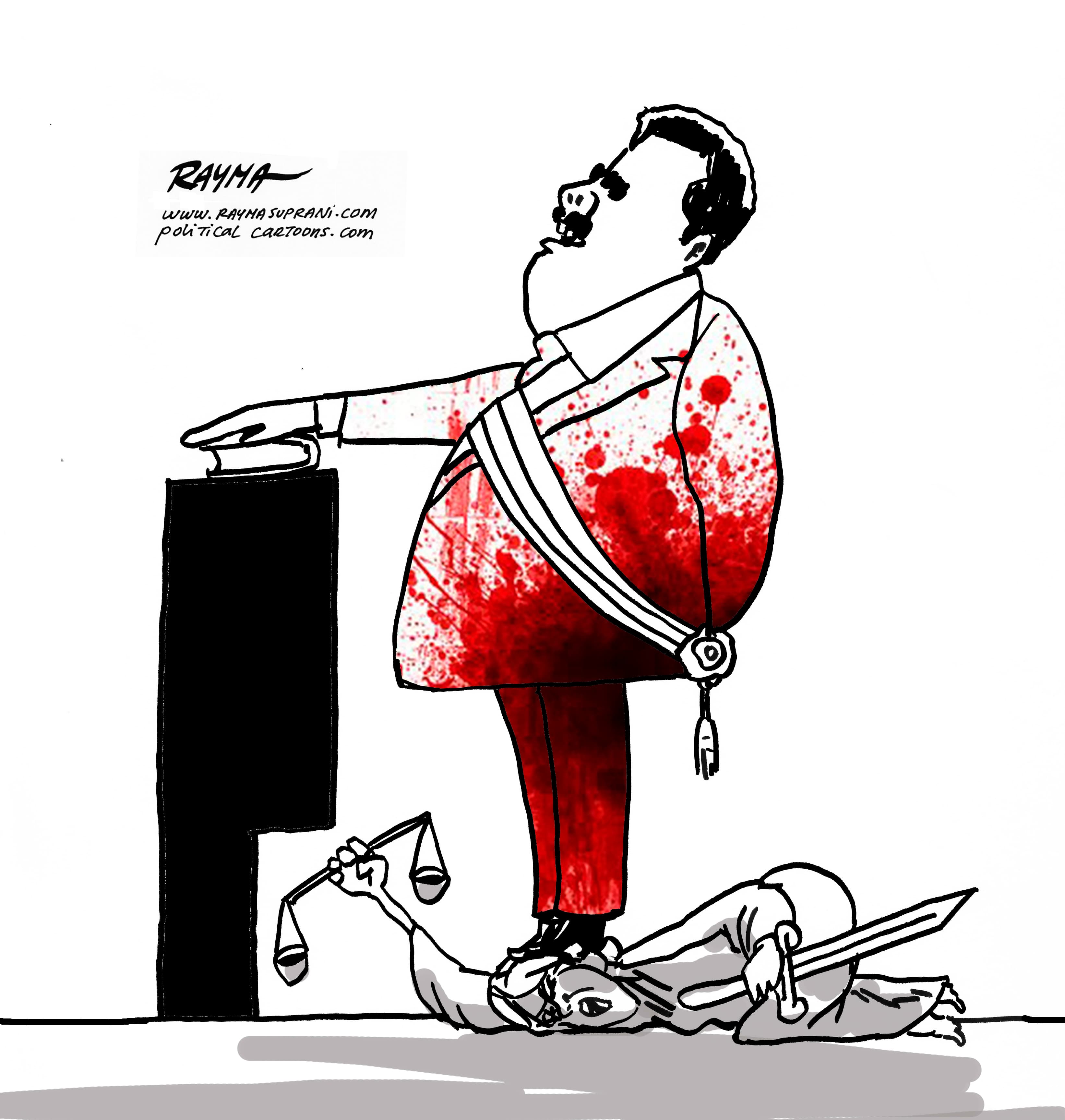 A man stands atop Justice, crushing her and her scales