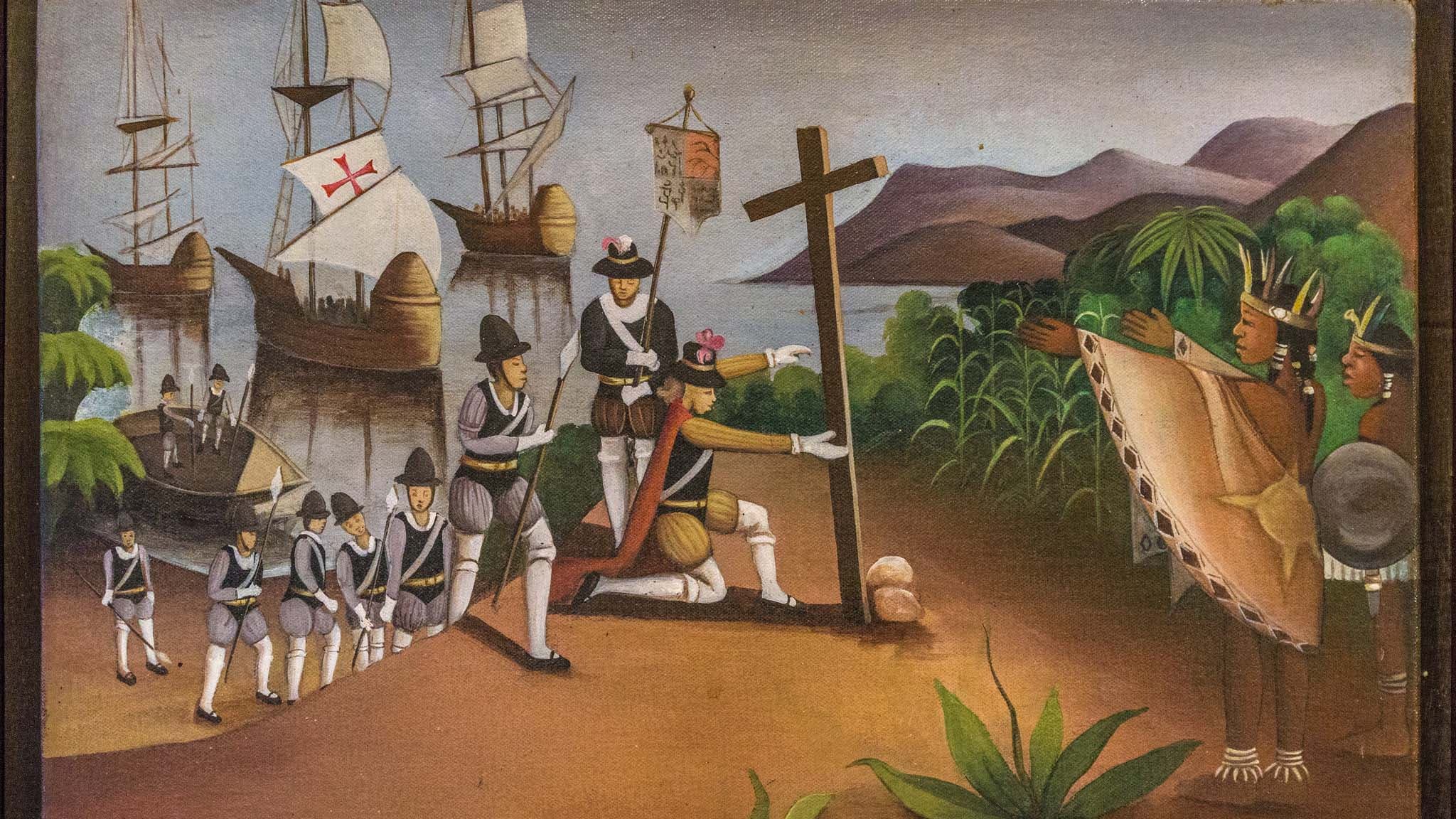 An artist rendering of European soldiers disembarking from ships being greeted by two Indigenous men