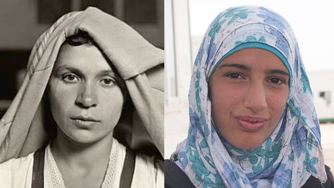 Left: An Albanian woman from Italy at Ellis Island, 1905. At times the Island looked like a ball with the multicolored, multinational clothing. (Lewis W. Hine/NYPL)  Right: Zeinab, 14, lives in Zaata