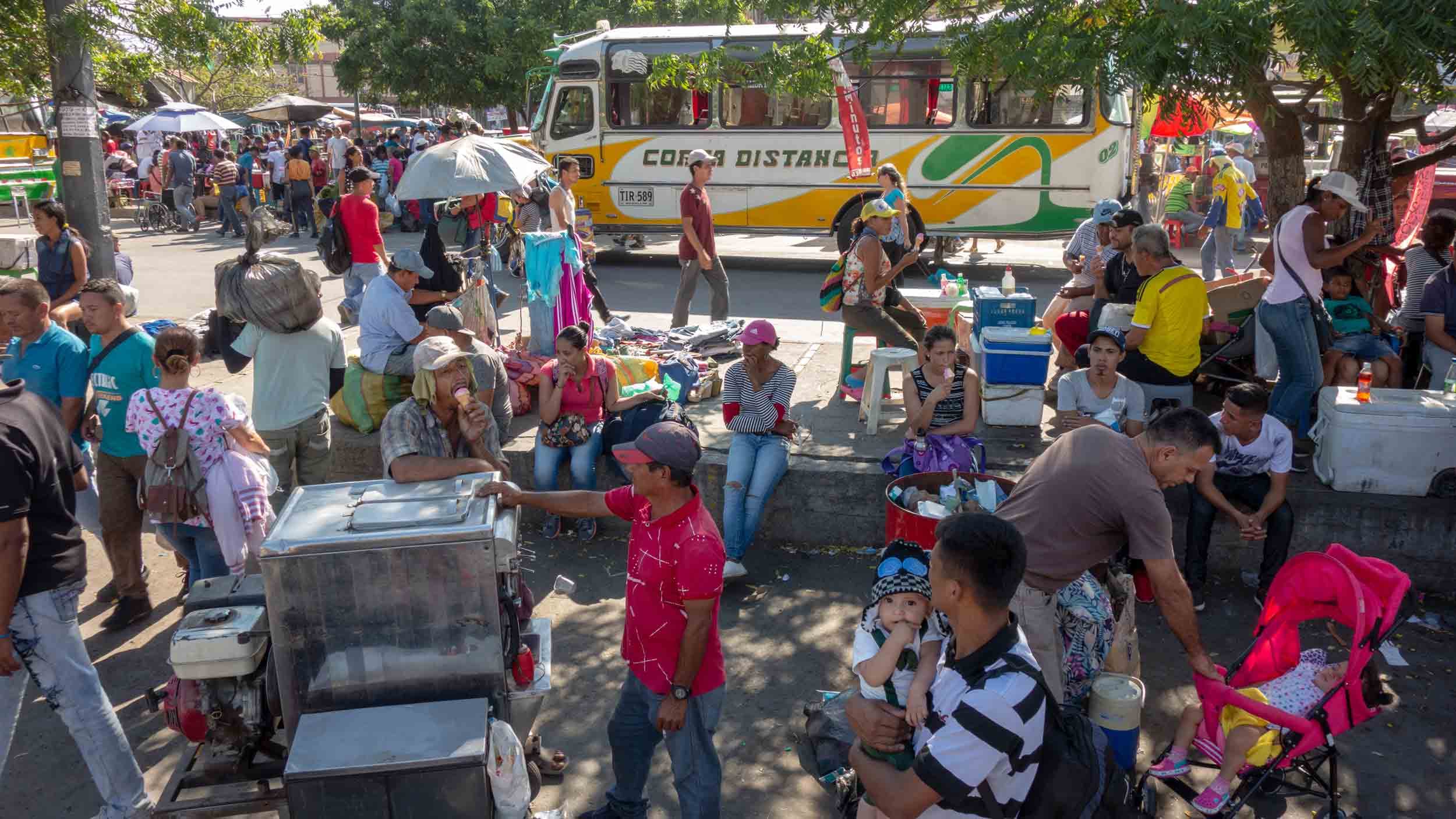 A busy scene at a border town in Cúcuta, Colombia.