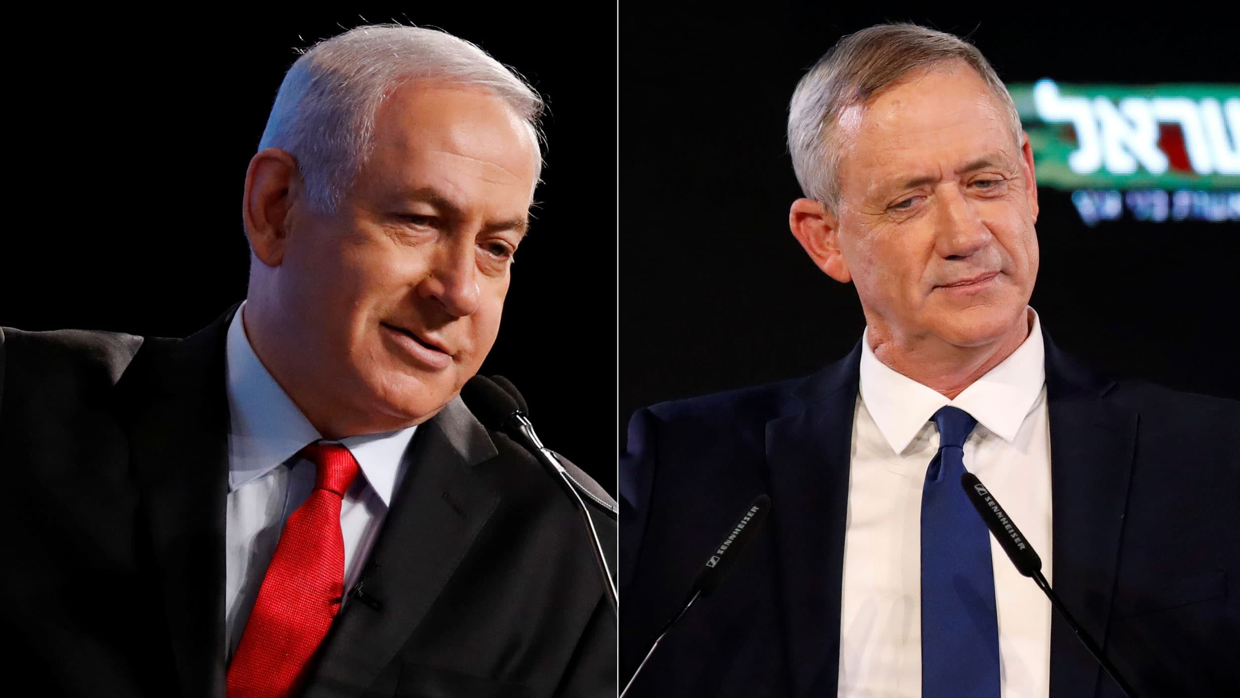 Two up close portraits of white men with short hair cuts competing for prime minister.
