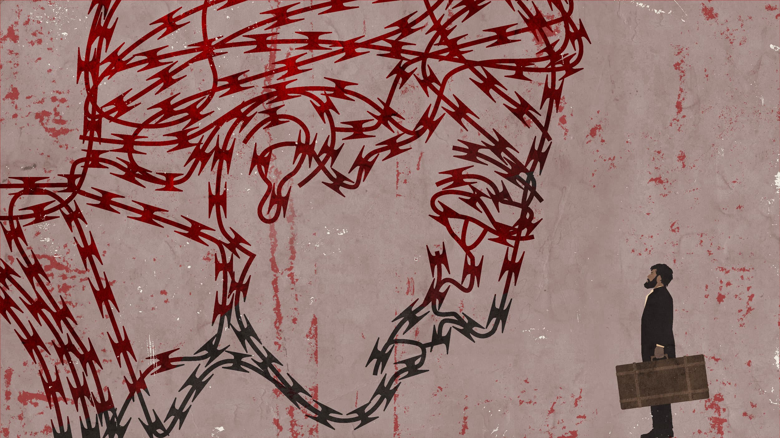 A large face made out of a razor wire blocks a man holding a suitcase in this illustration.