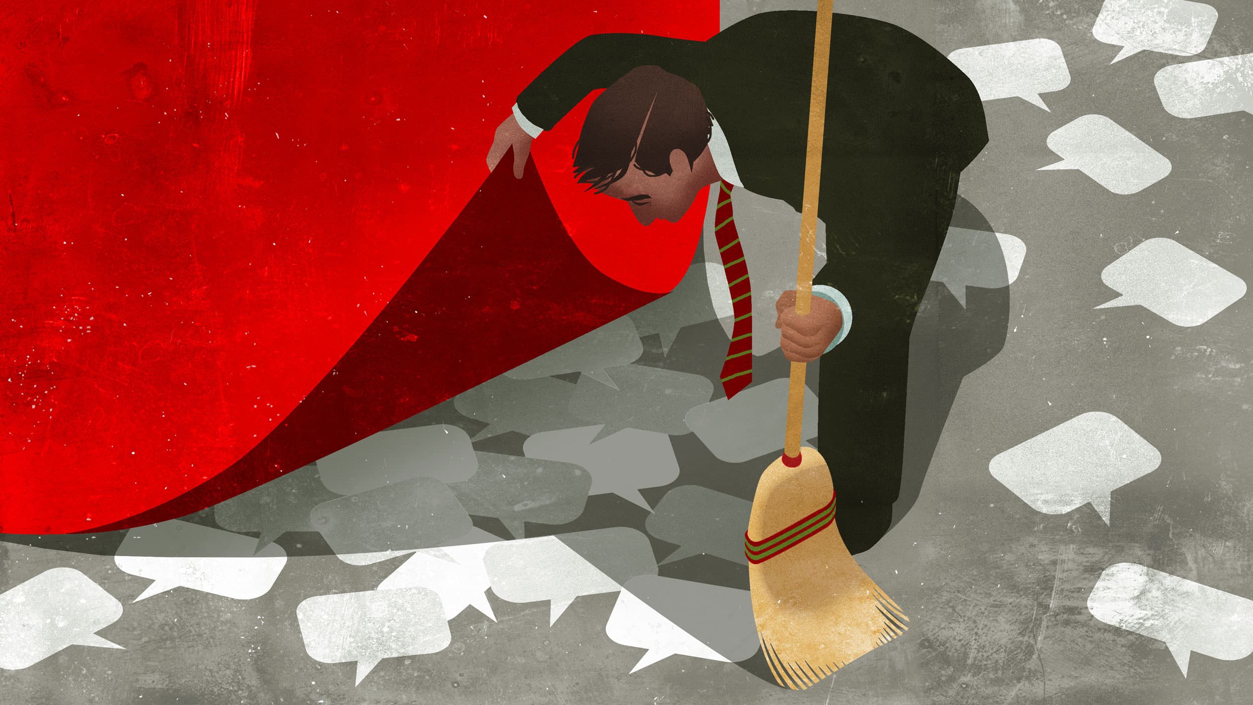 In this illustration, a man is seen sweeping thought bubbles underneath a rug