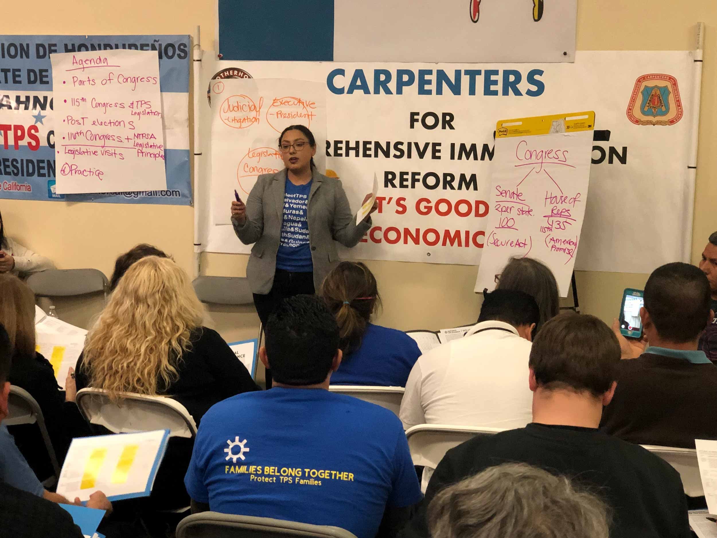 A woman speaks to a group of adults. Around her are posters explaining how Congress works