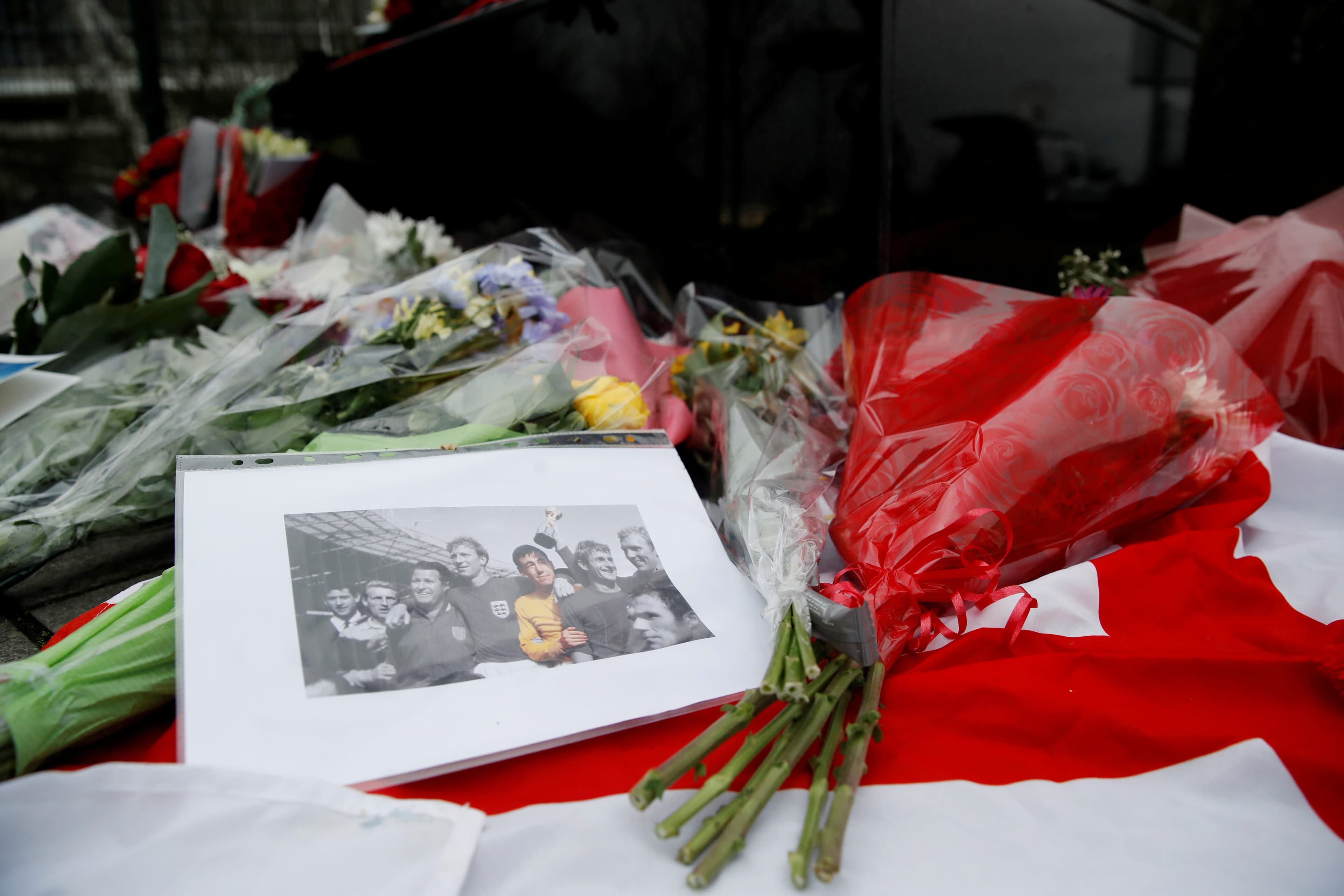 Tributes are placed on a statue of Gordon Banks outside the bet365 Stadium, Stoke-On-Trent, Britain, Feb. 12, 2019