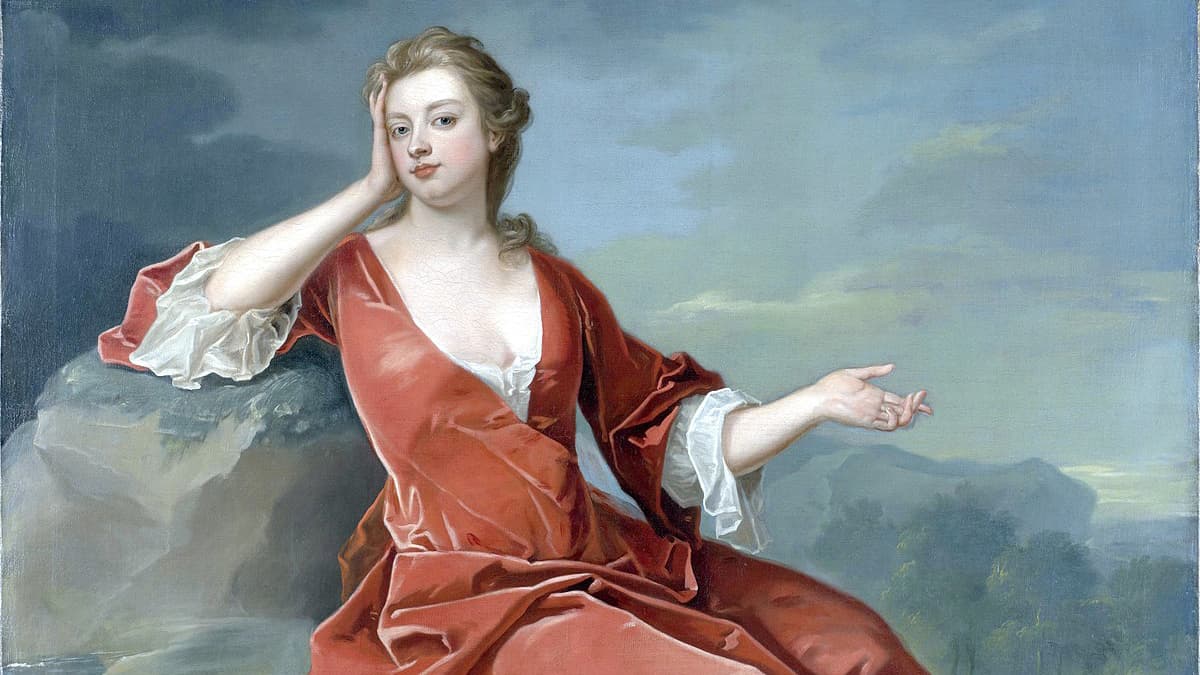 a painting of Sarah Churchillon a light blue background