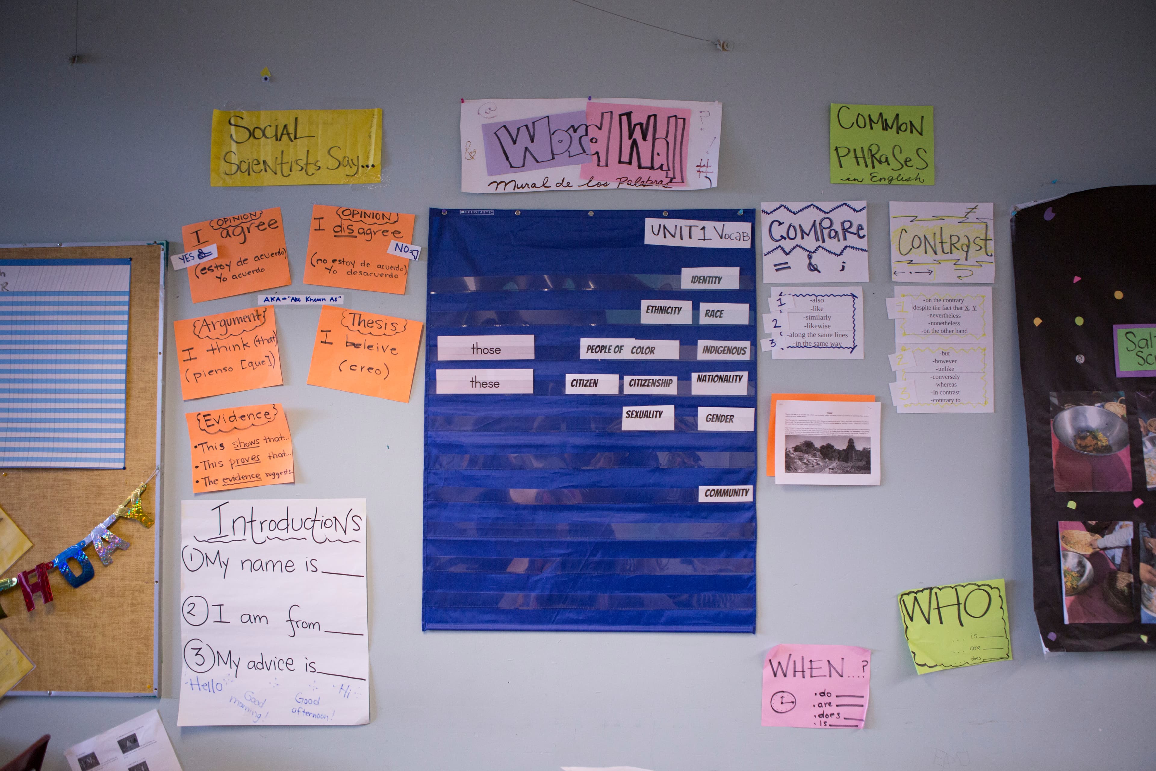 A wall with posters of words