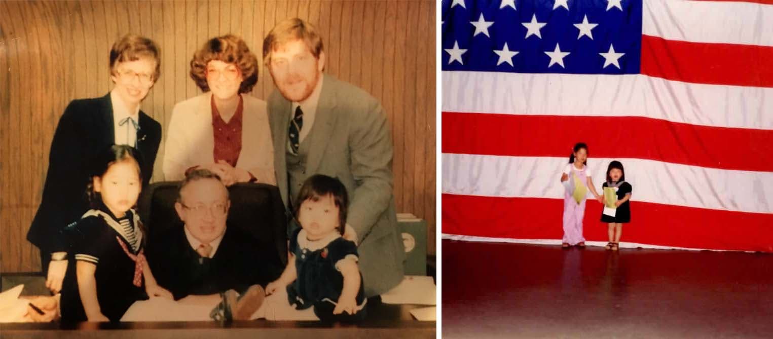 Two images. On the left, four white adults, including one judge pose behind a table. Two Korean children sit on the table. On the right, two Korean girls stand in front of a giant American flag.