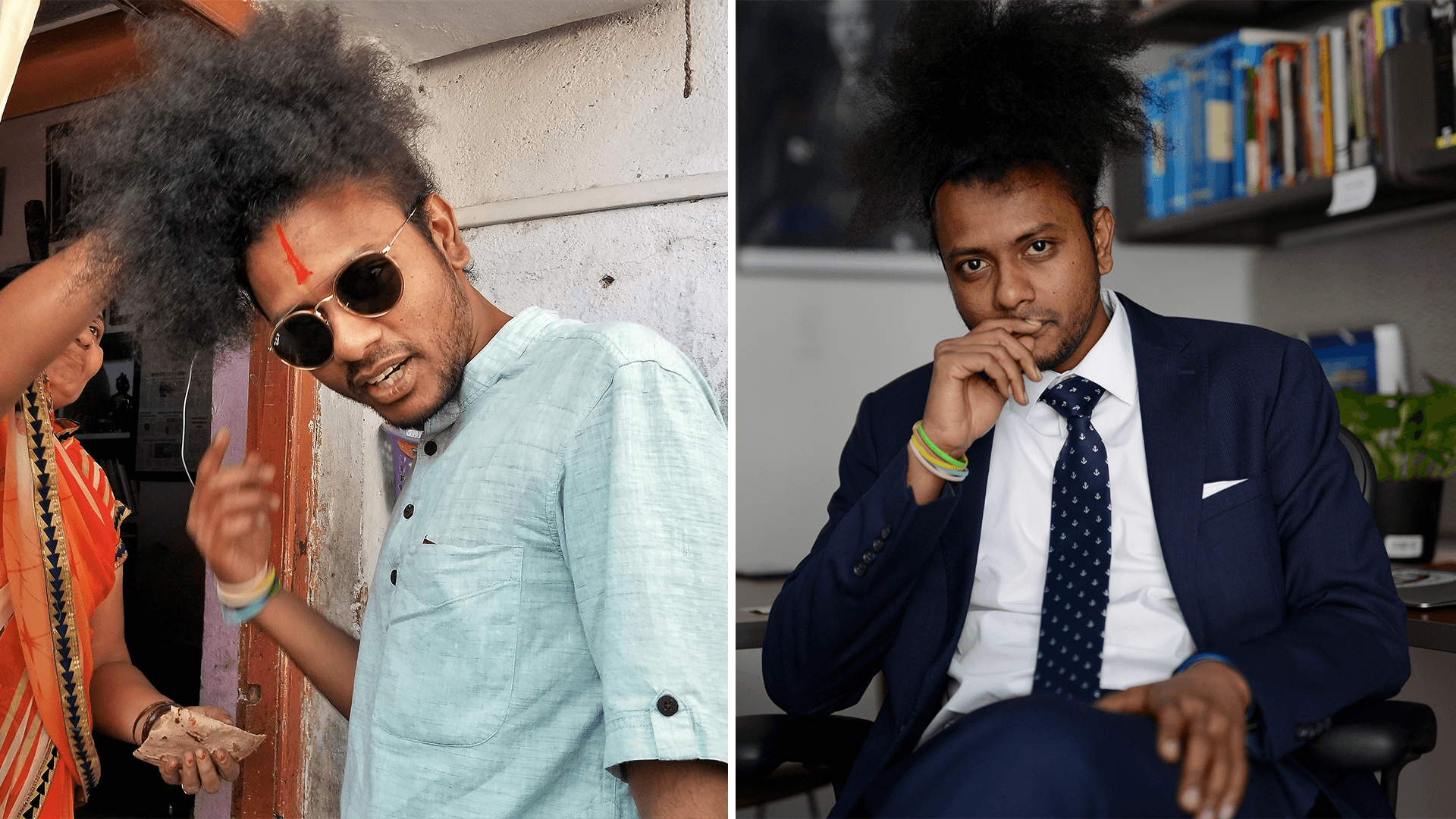 A woman touches the hair of a young man as he points to it (left). The same man sits in a chair in a suit and tie