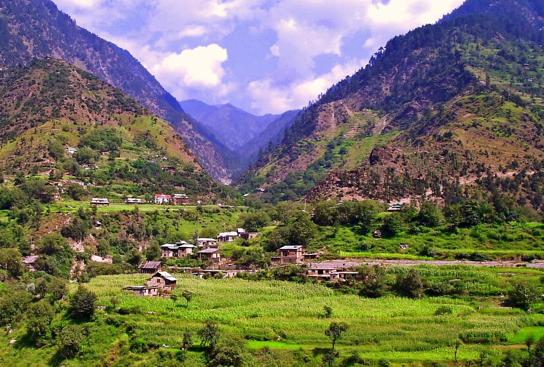 A wide shot photograph of India’s Kashmir Valley showing small houses off in the distance.