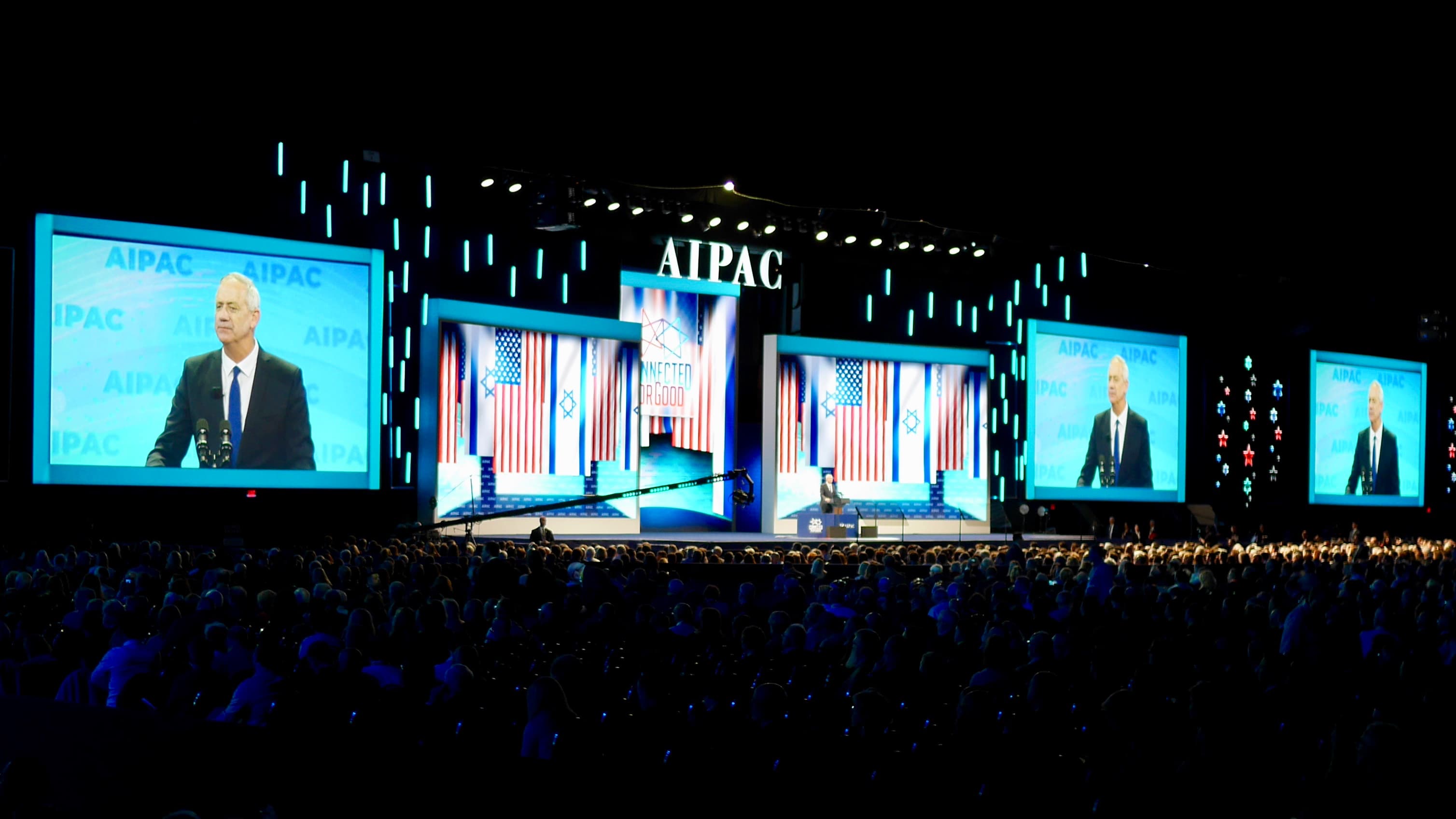 Benny Gantz, the head of the Blue and White political party in Israel, speaks to the audience at the annual conference of the American Israel Public Affairs Committee in Washington, DC on Monday, March 25, 2019.