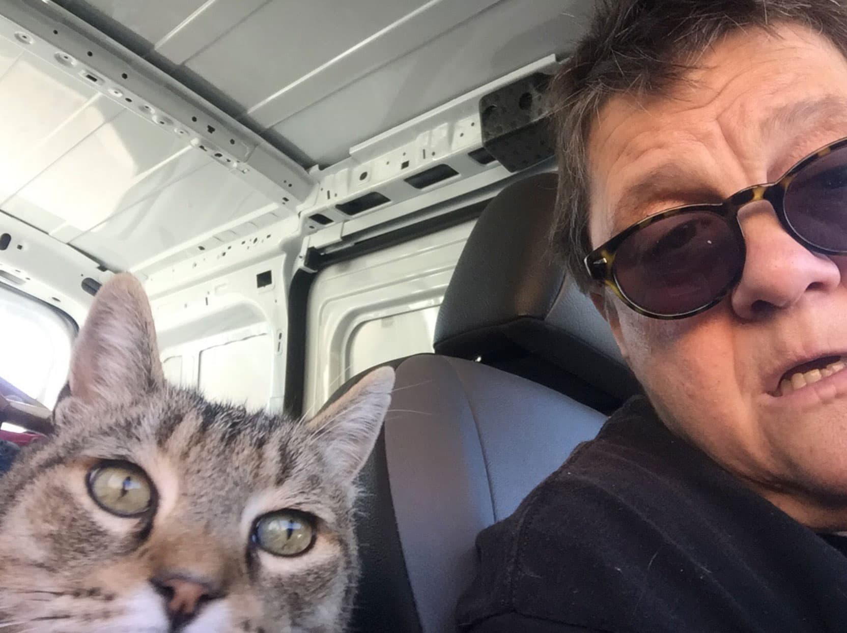 A woman is photographed with her cat in a car