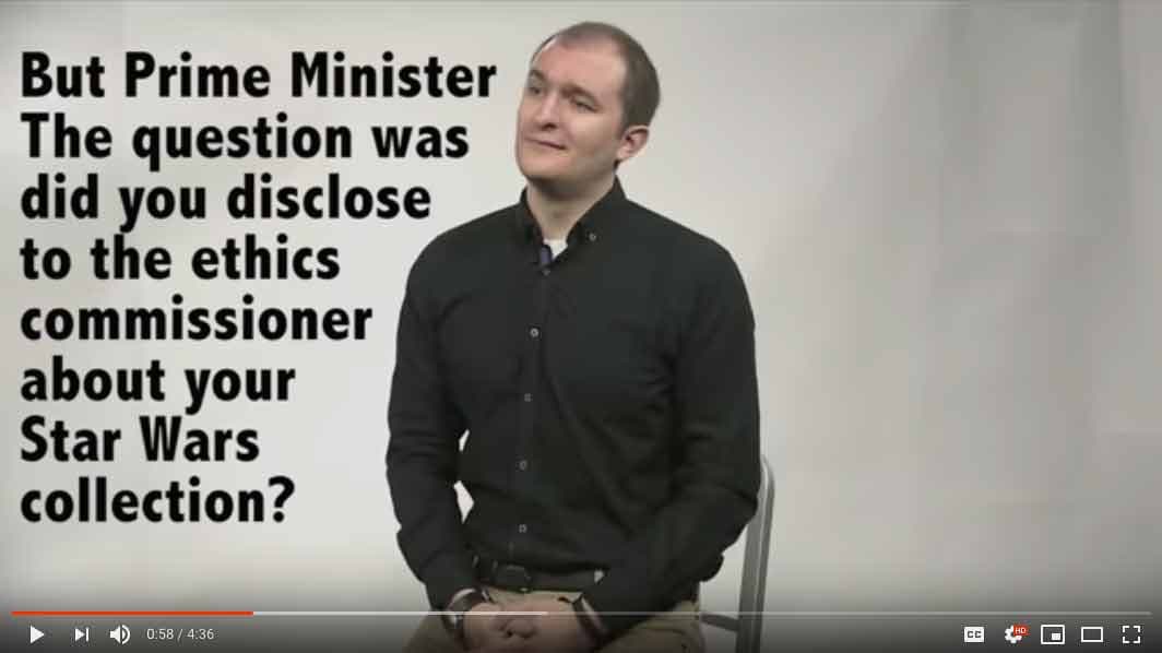 A man sits in a chair with text next to him: "But Prime Minister The question was did you disclose to the ethics commissioner about your Star Wars collection?"