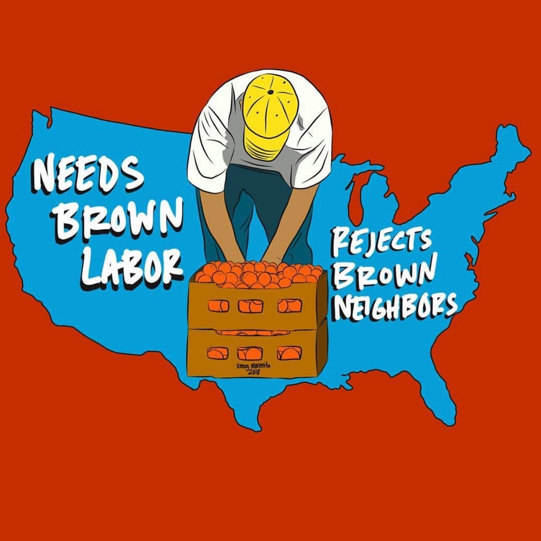 An illustration of a man leaning over a box of fruit in front of an outline of the US