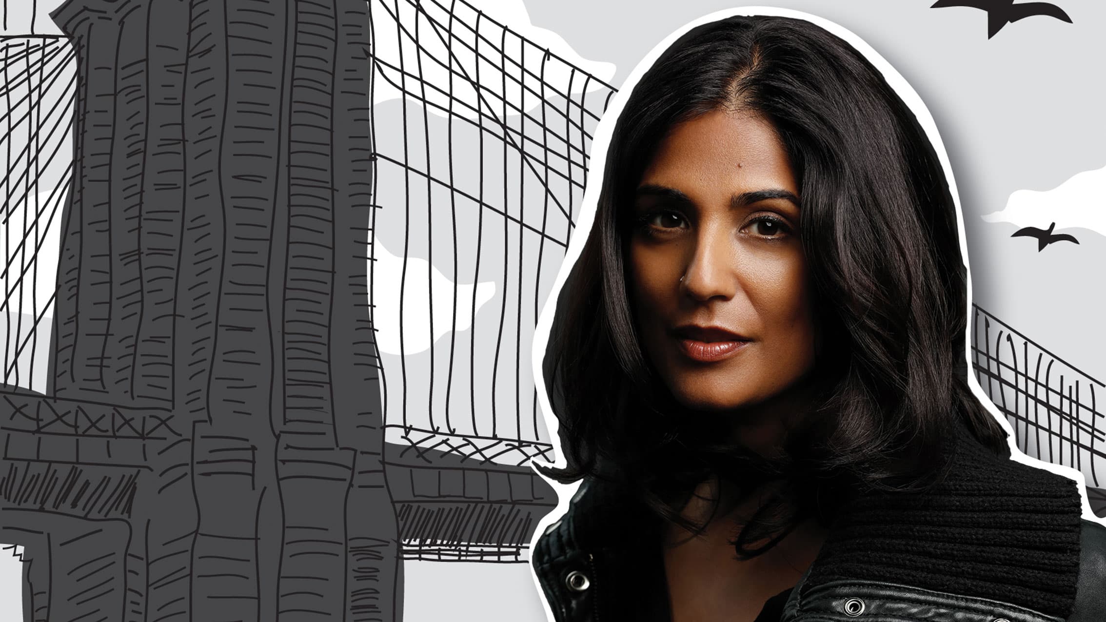 A woman's photo is superimposed on an illustrated image of the Brooklyn Bridge