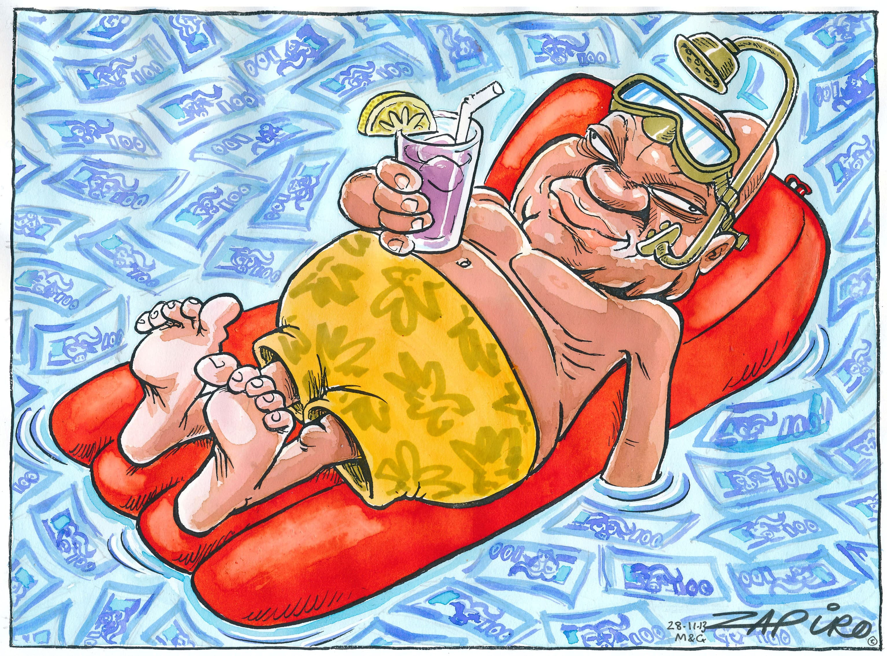 Zapiro drew this cartoon to accompany the Mail & Guardian’s 2013 expose on the lavish state-funded ‘security improvements’ made to Jacob Zuma’s private home in Nkandla in KwaZulu-Natal province. They included a visitor's center, amphitheater, additional h