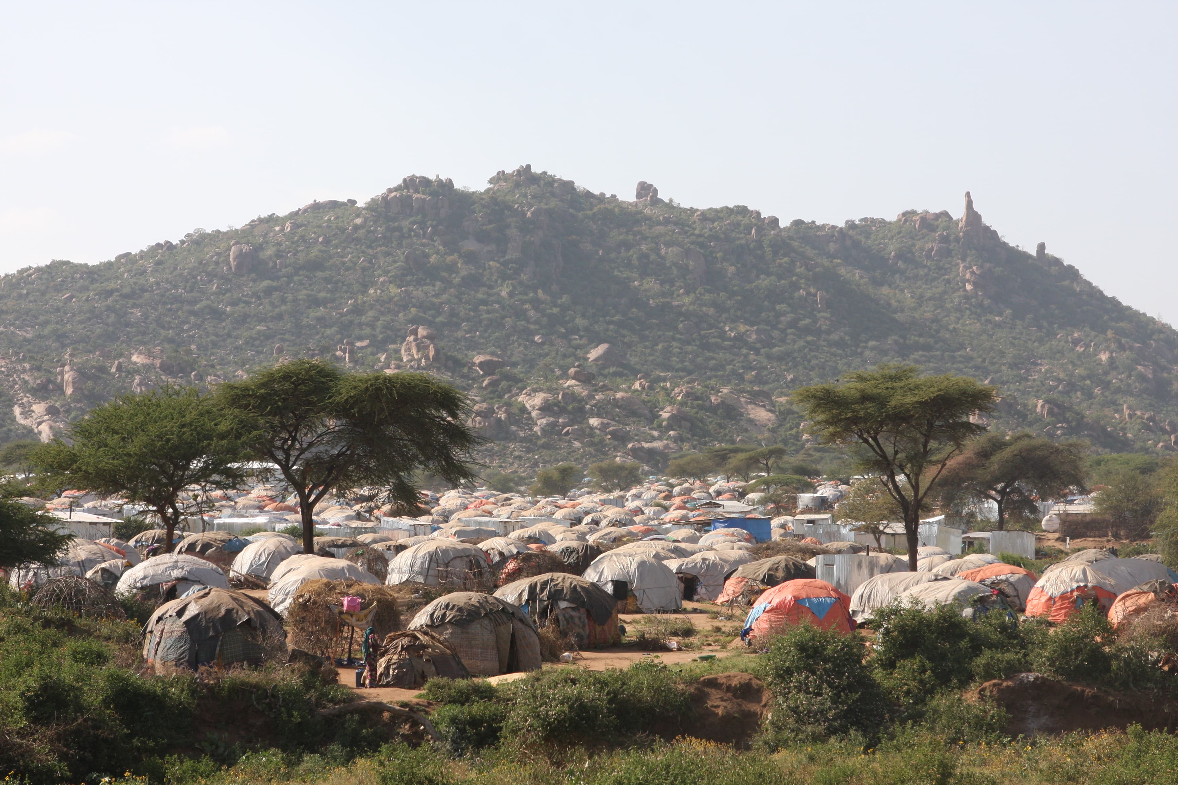 The camps for displaced Somali in the lee of the Kolenchi hills in the Ethiopia's Somali region.