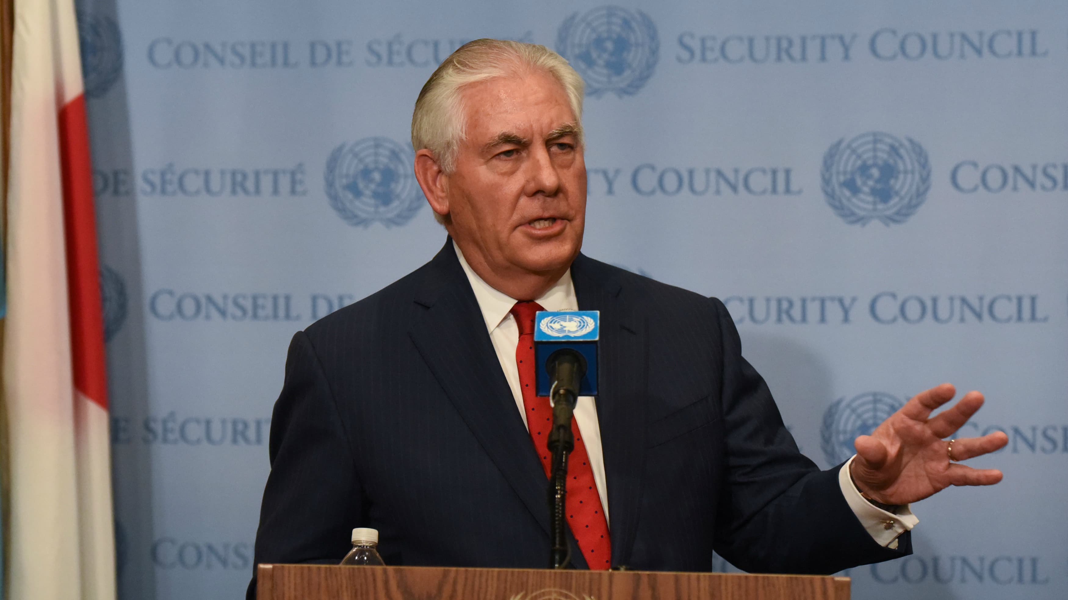 US Secretary of State Rex Tillerson delivers remarks to members of the press after a meeting about North Korea's nuclear program at the United Nations headquarters in New York City, Dec. 15, 2017.