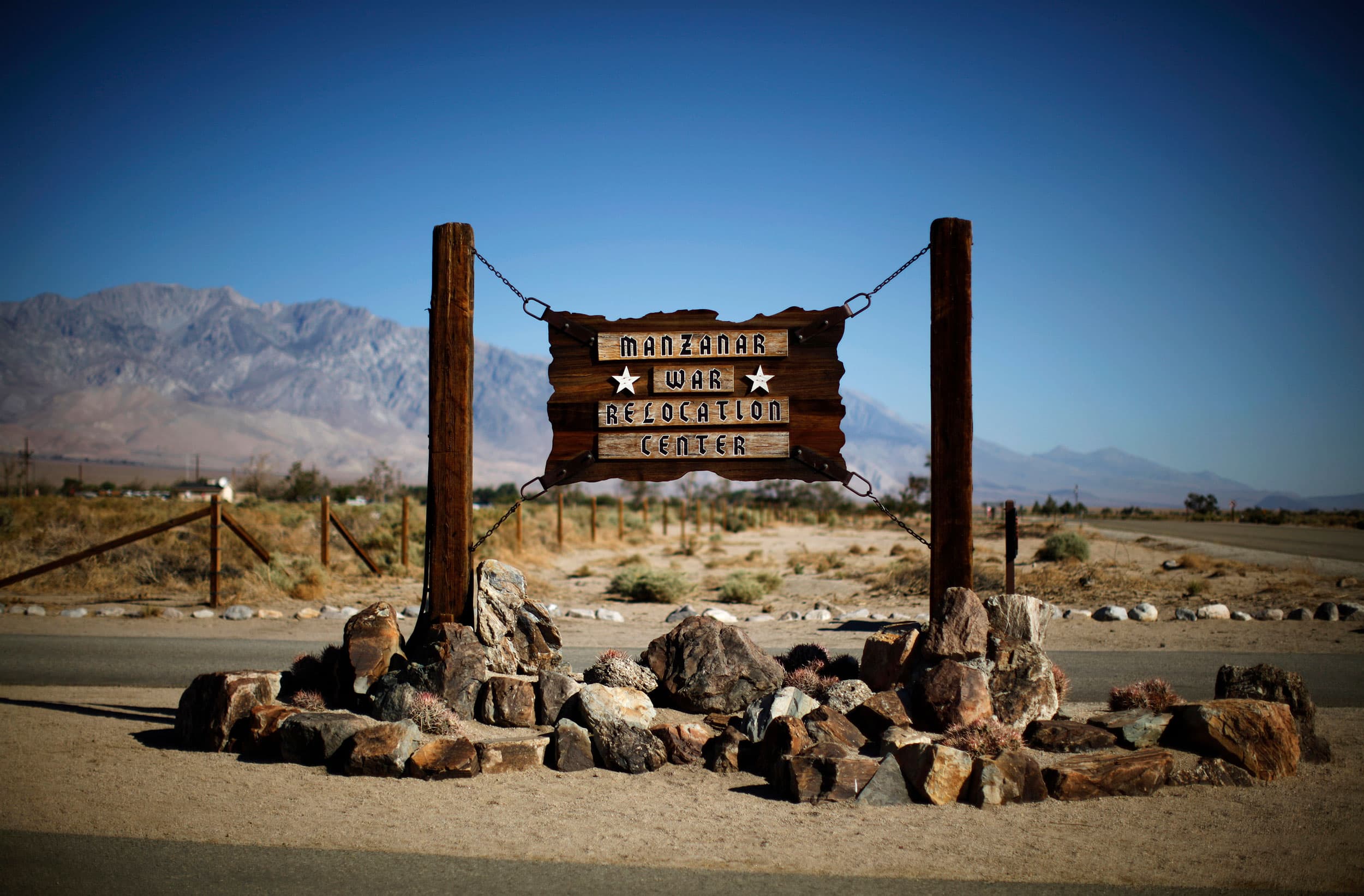 The entrance of Manzanar internment camp is seen in Independence, California, 2013.