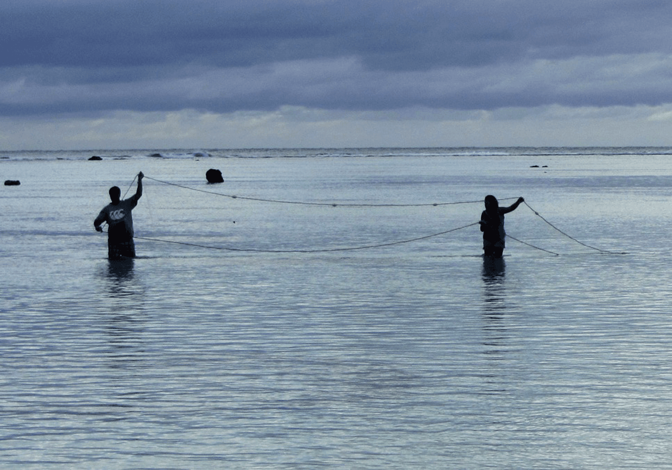Two men in water net-fishing at dusk.