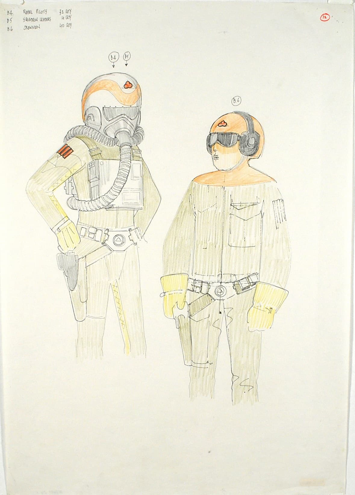 Costume sketches by John Mollo for rebel pilots.