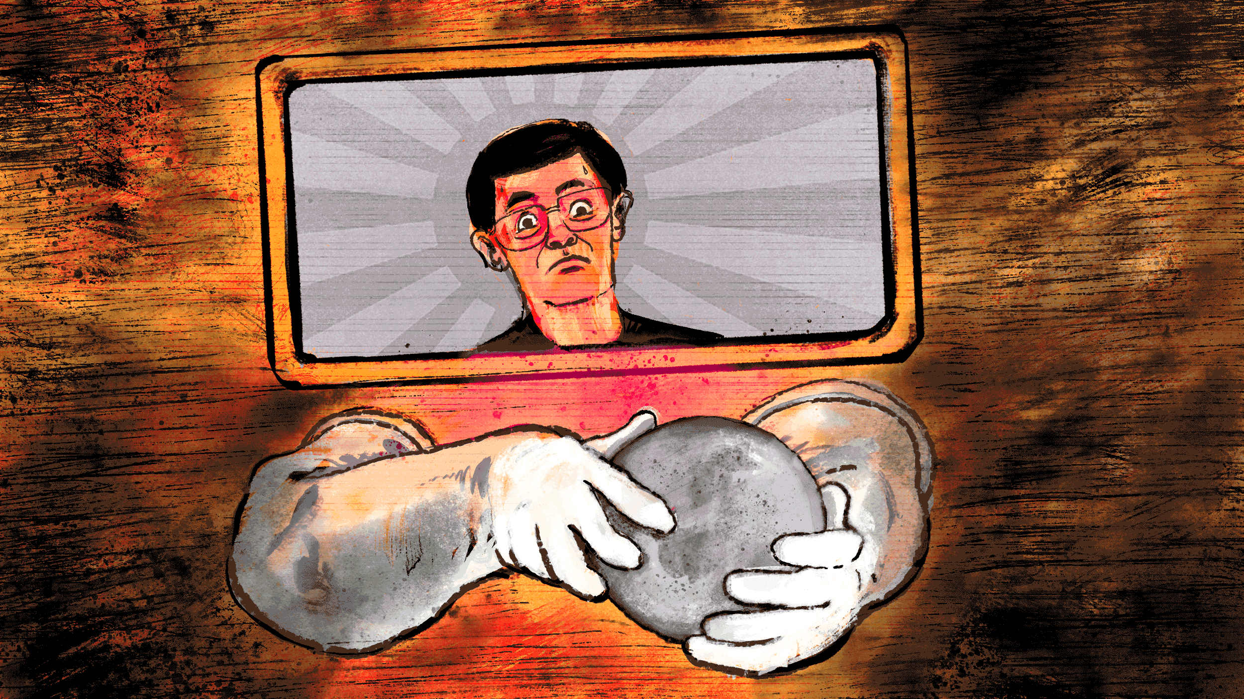 An illustration shows a man with the Japanese flag behind him holding a plutonium disc in his hands