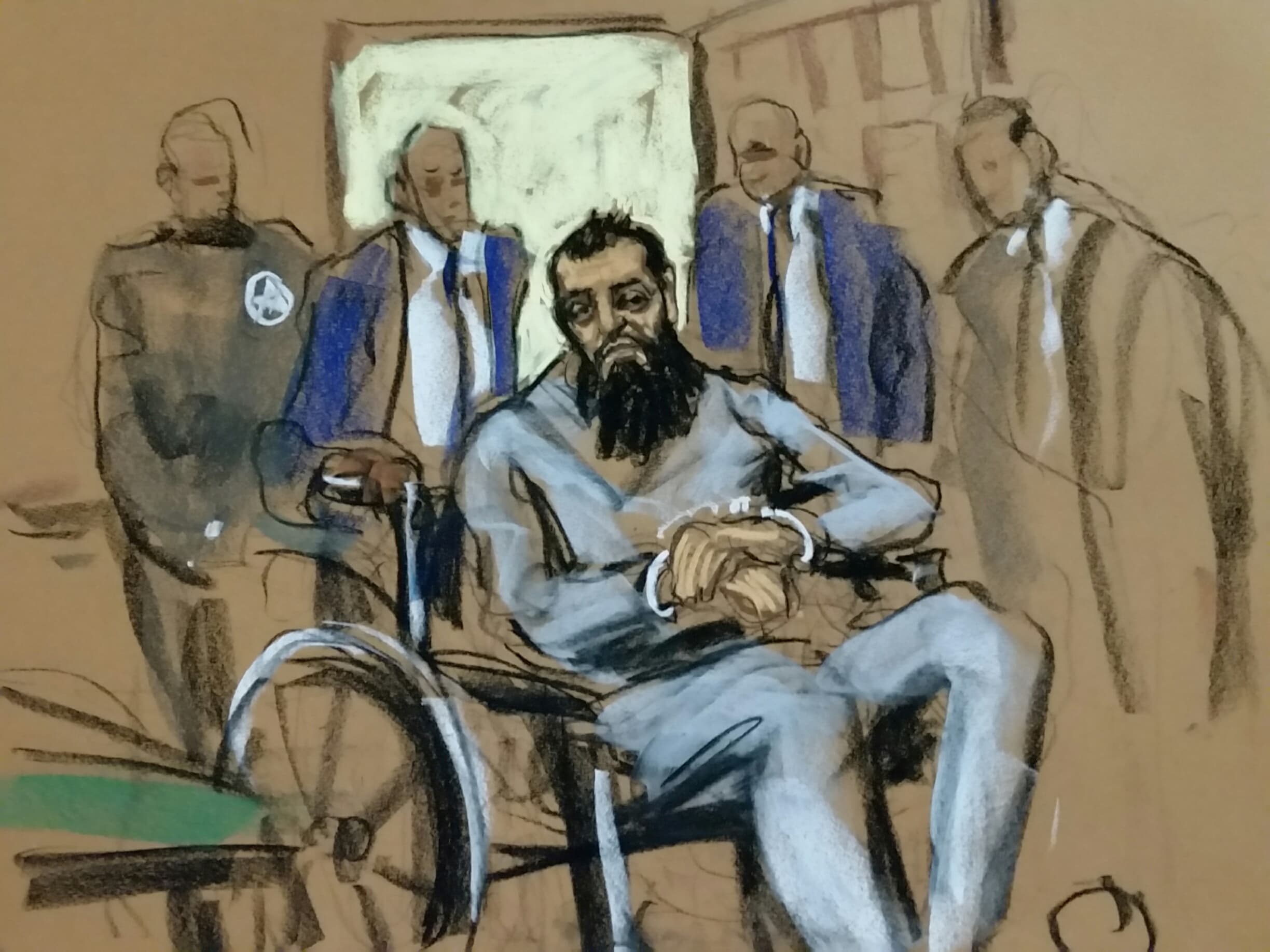 Sayfullo Saipov, the suspect in the New York City truck attack, is seen in this courtroom sketch appearing in Manhattan federal courtroom in a wheelchair in New York, NY, U.S., November 1, 2017.