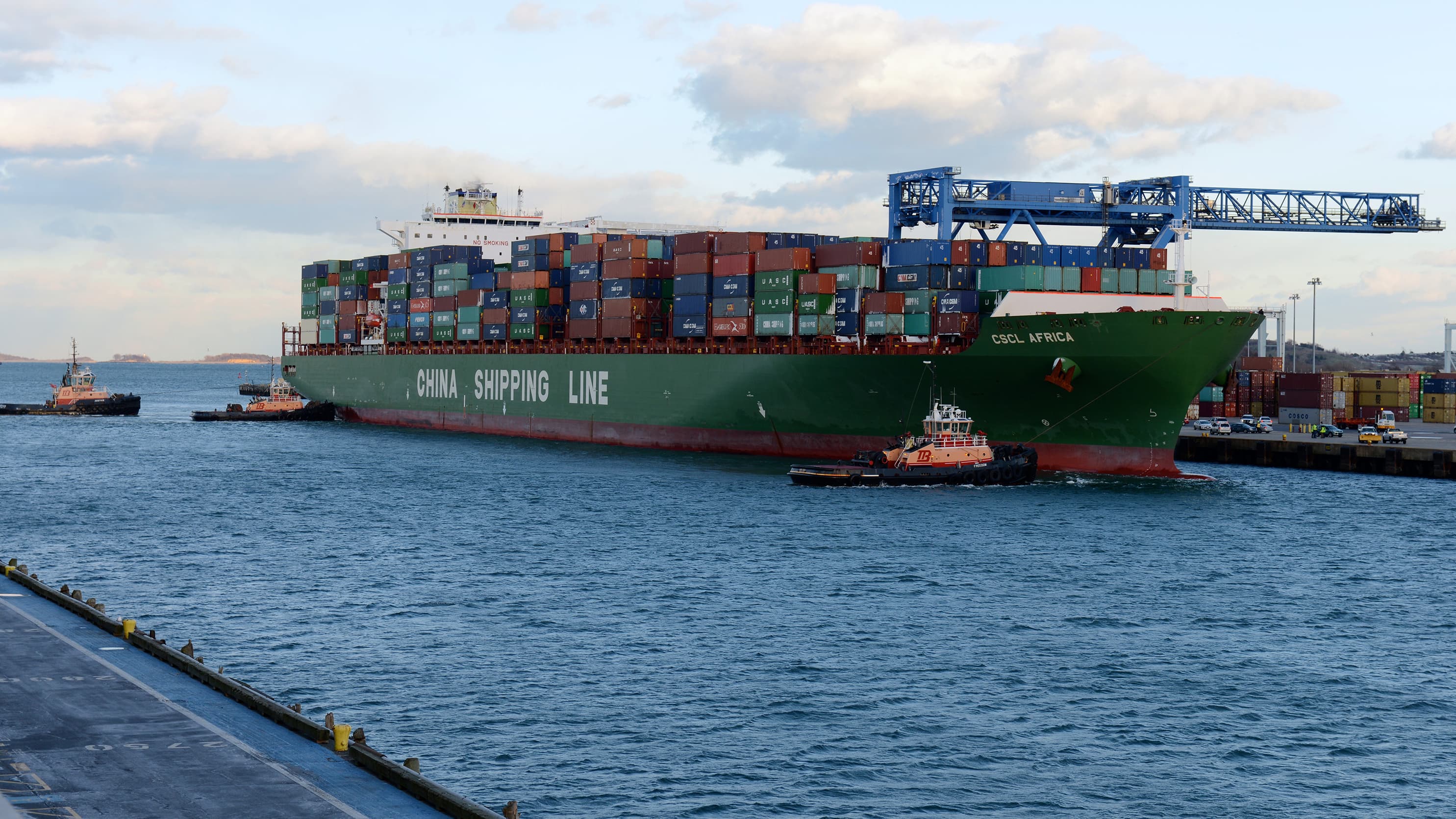A ship docked at the Port of Boston, New England’s busiest container port.