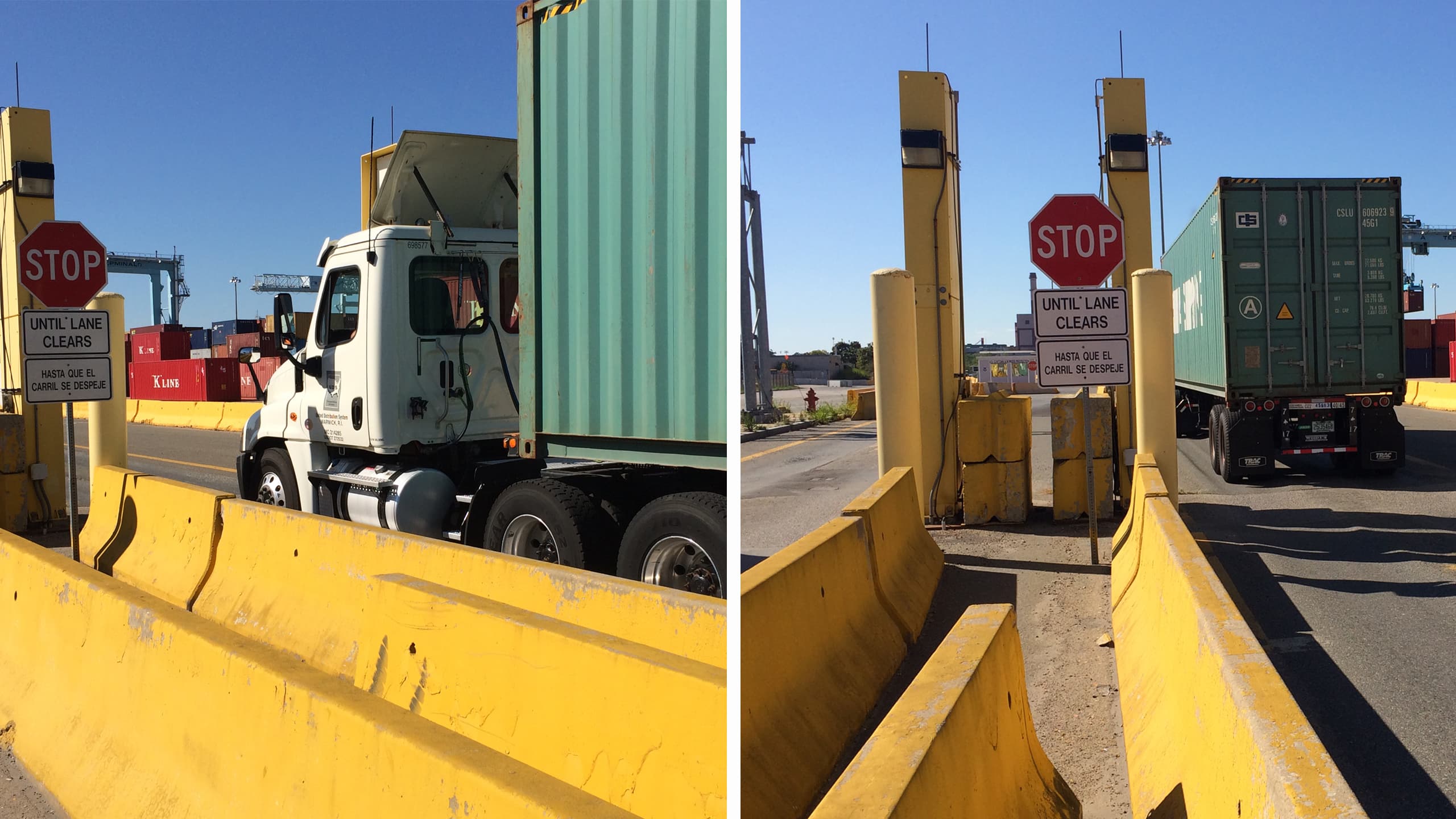 A truck exiting the Port of Boston passes through a radiation portal monitor.