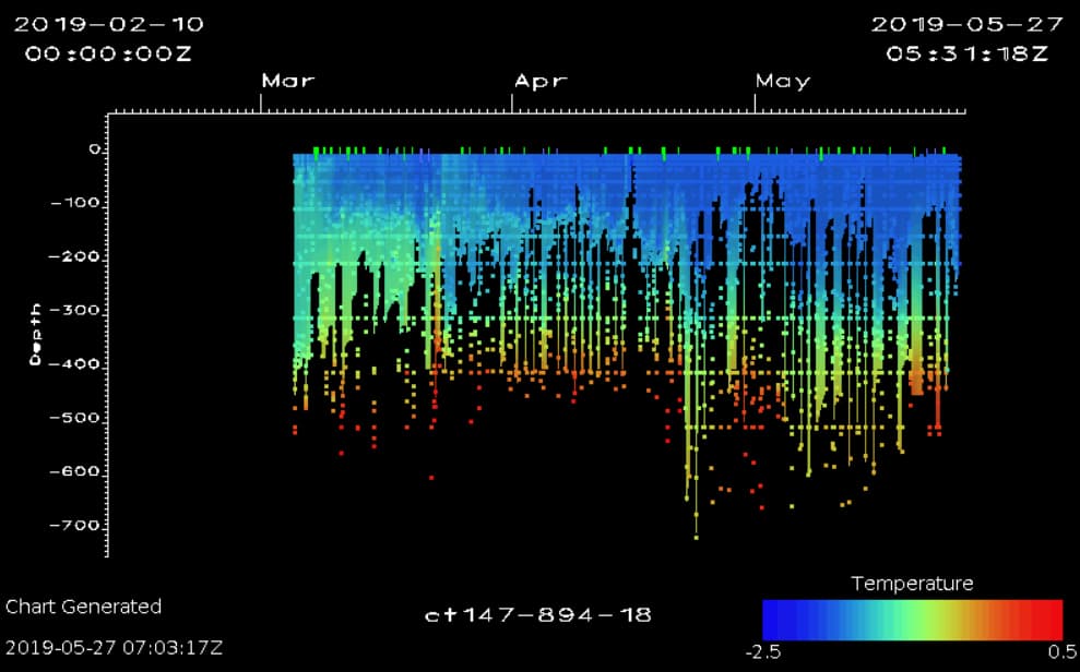 A bar chart shows lines that go from deep blue to red showing temperature changes in water levels as the seals go deeper in the ocean.