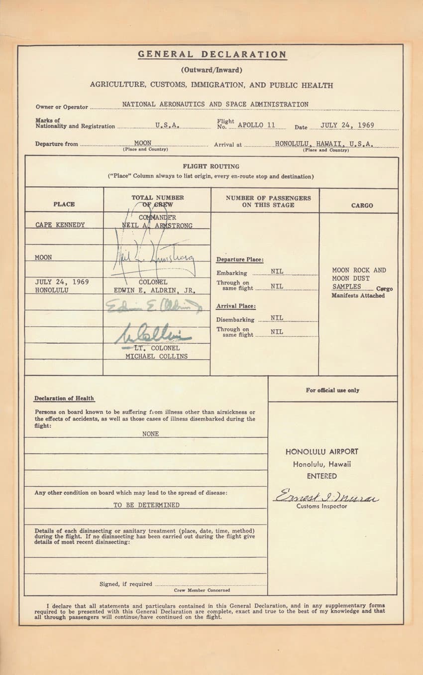 A customs and immigration form is shown from 1969.