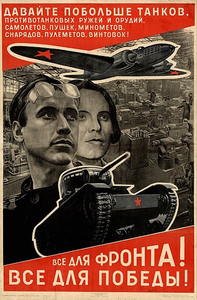 A propaganda poster showing two faces, a tank and an airplane with Russian script.
