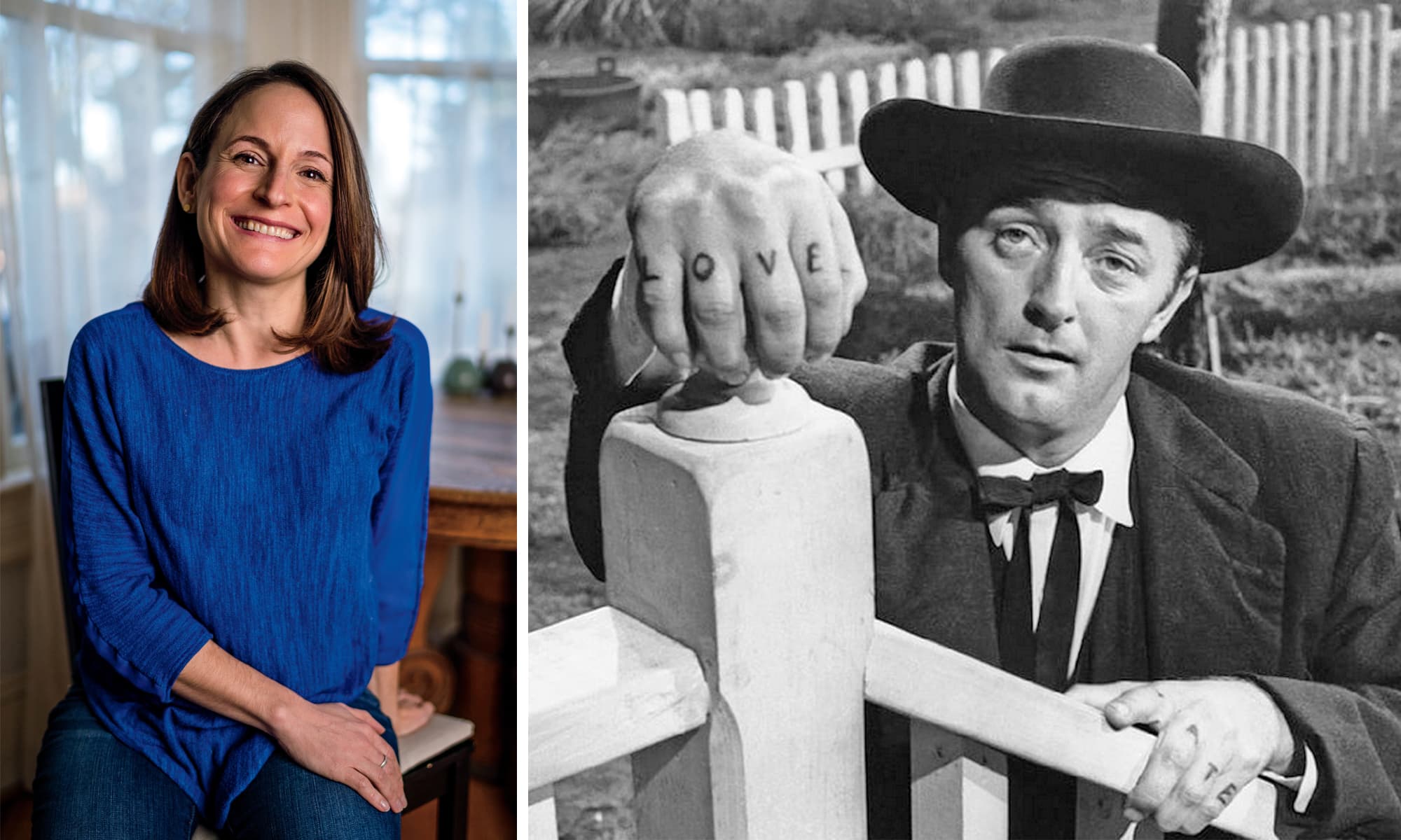 The author Karen Russell and the actor Robert Mitchum playing the Reverend Harry Powell in “The Night of the Hunter.”