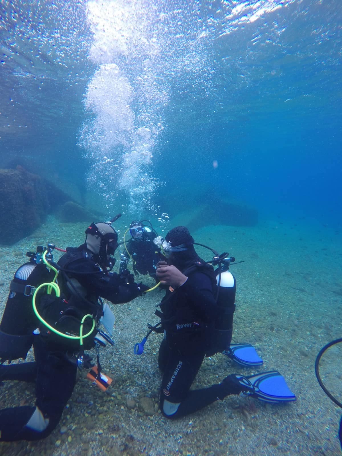 two people underwater in scuba gear.