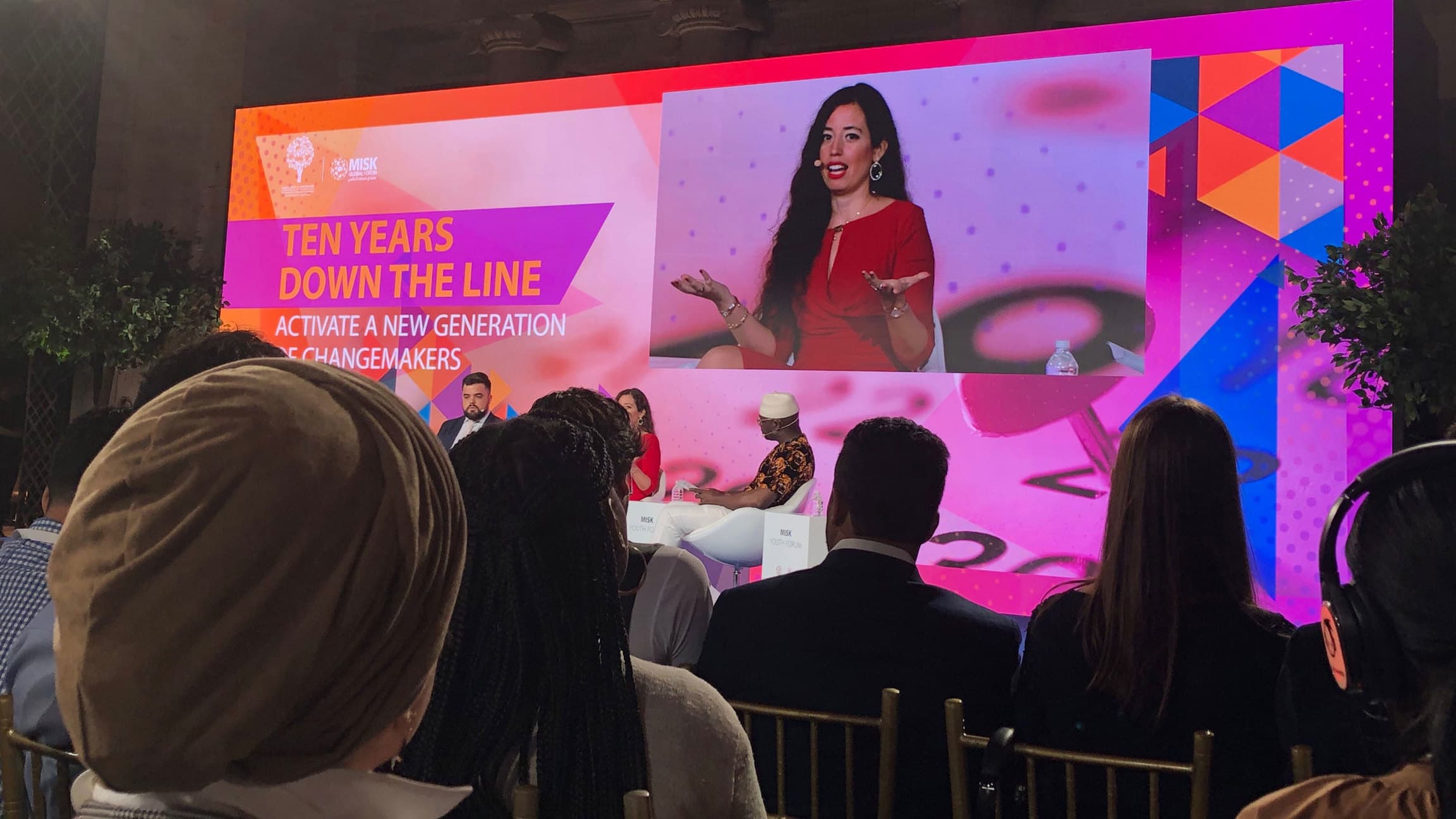 A presenter takes the stage at the MiSK Foundation's controversial event on the sidelines of the UN General Assembly on Monday.