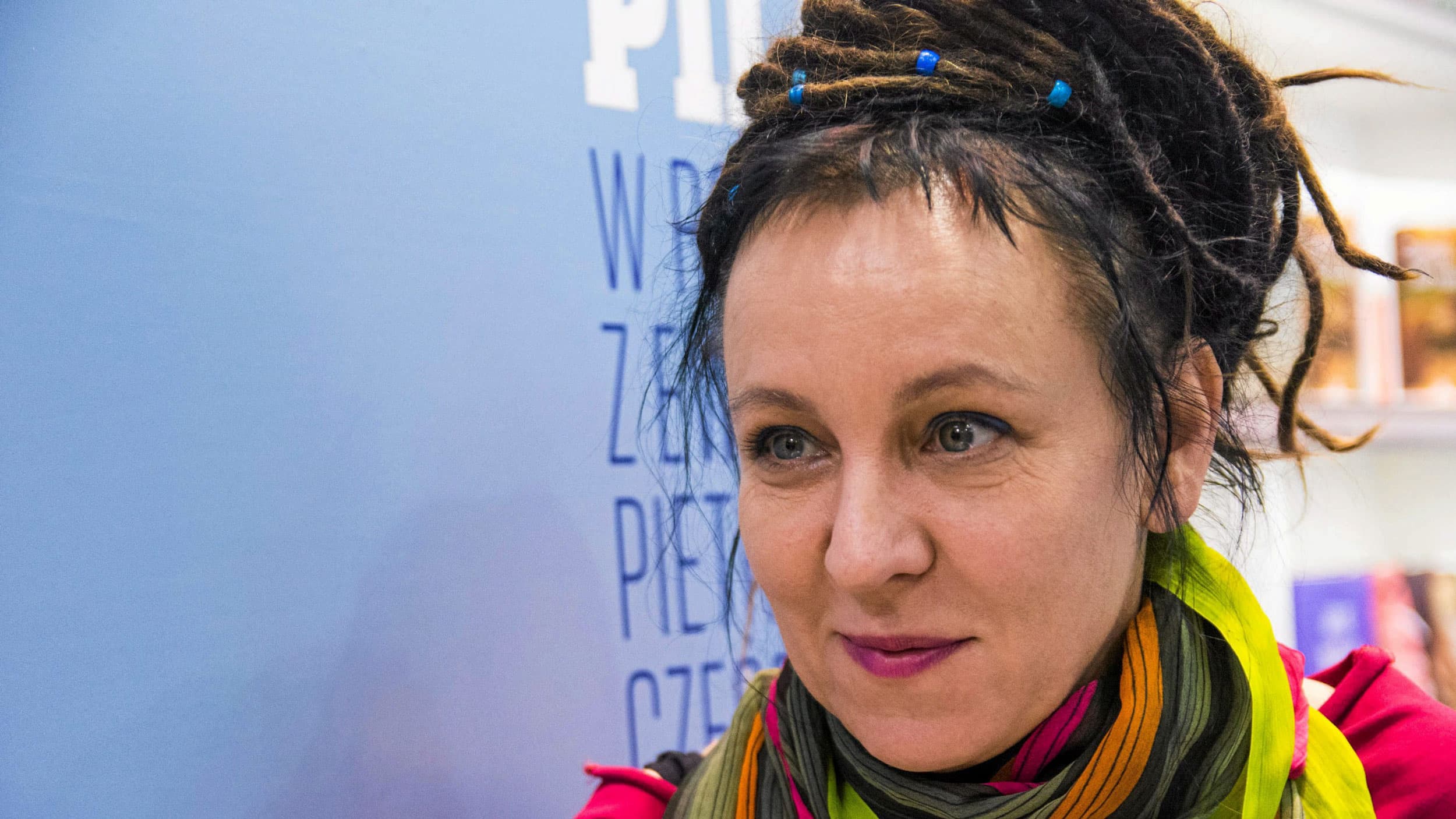 Writer Olga Tokarczuk appears at a book fair.