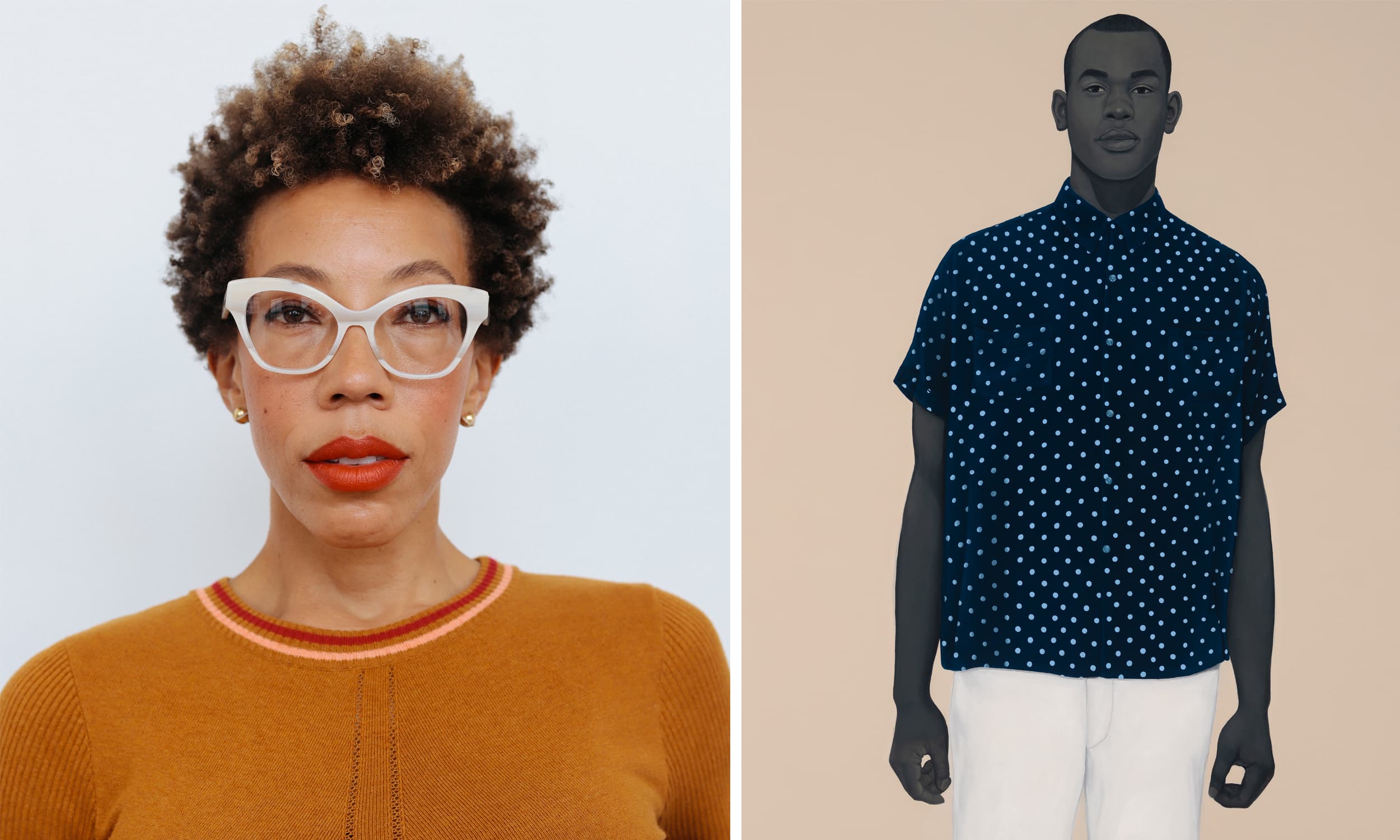 Amy Sherald and her painting, “Handsome,” 2019.