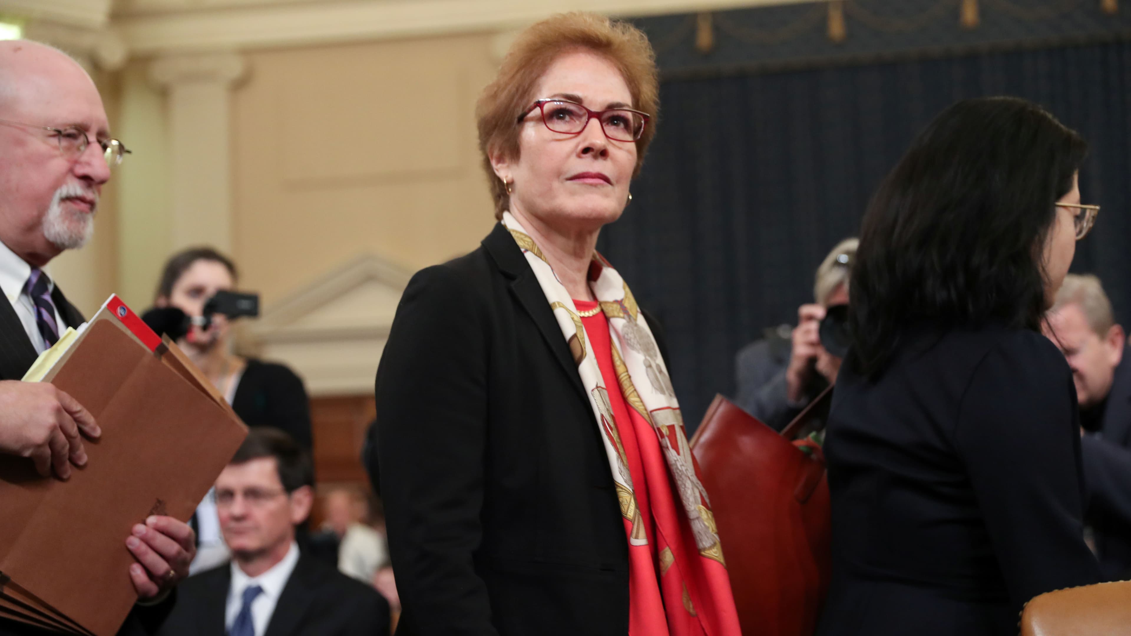 Marie Yovanovitch, former U.S. ambassador to Ukraine, departs after concluding her testimony before a House Intelligence Committee hearing as part of the impeachment inquiry into US President Donald Trump on Capitol Hill in Washington, on November 15, 201