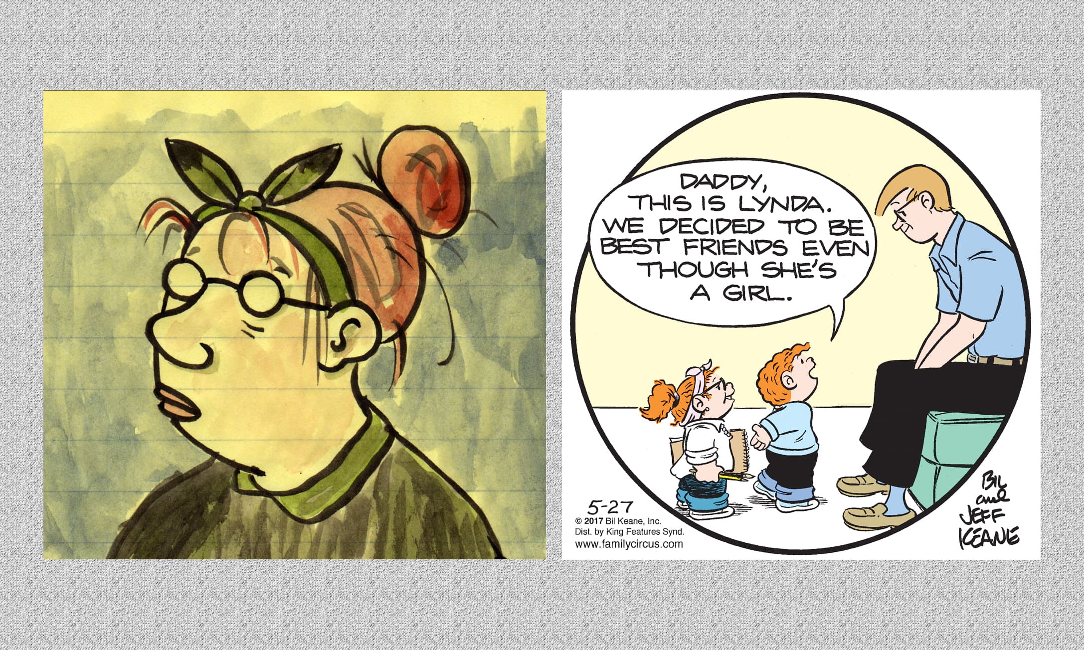 Self portrait by Lynda Barry, and a “Family Circus” cartoon by Jeff Keane featuring Lynda Barry.