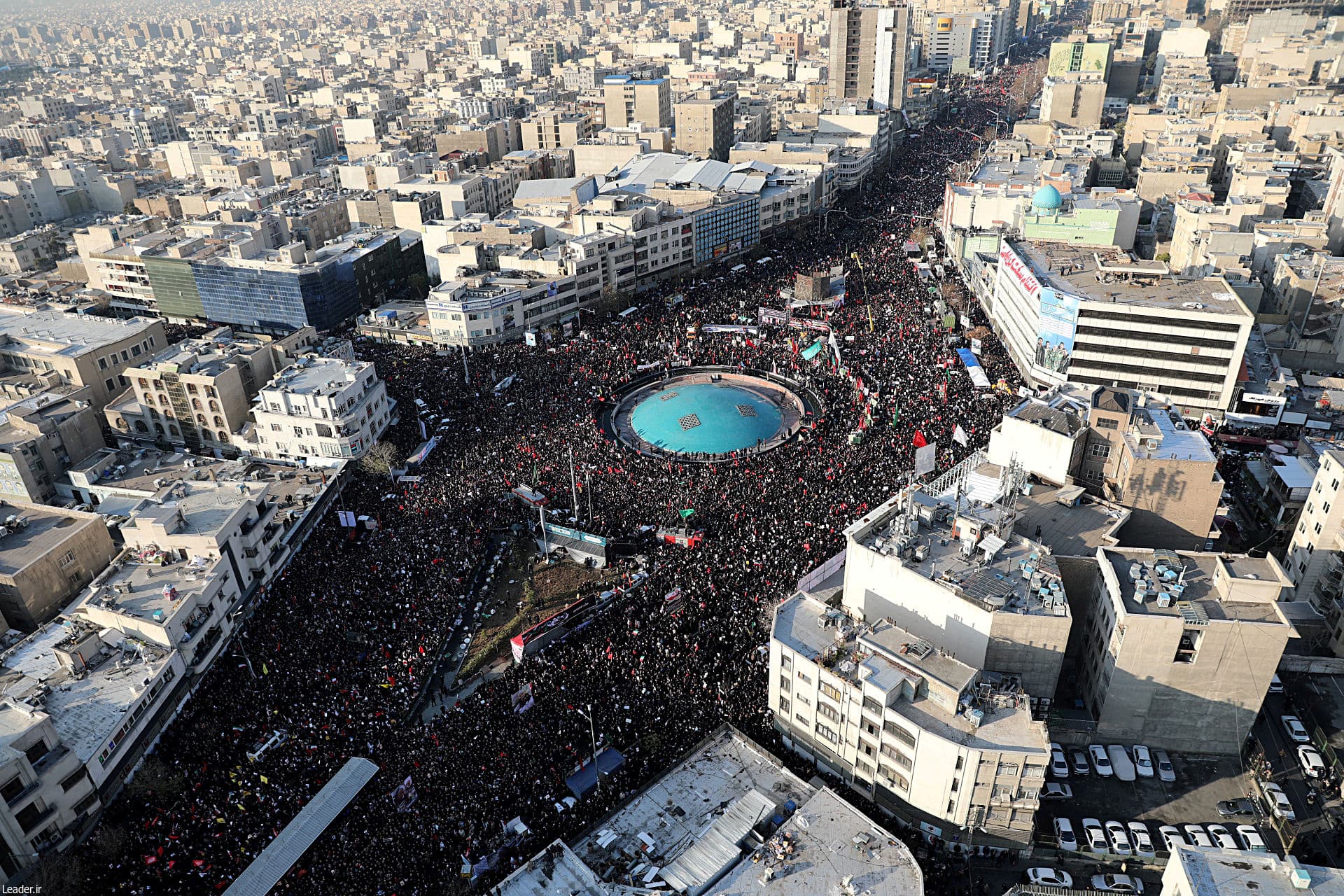A massive crowd of mourners gathers on the streets of Tehran, Iran.