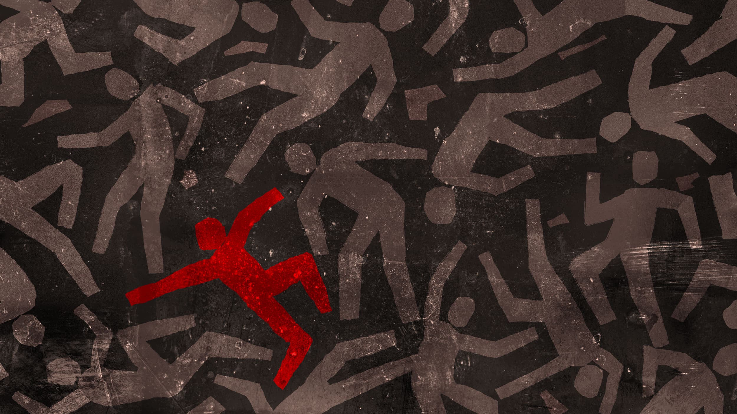 An illustration shows several bodies layed out in in various positions with one red body.