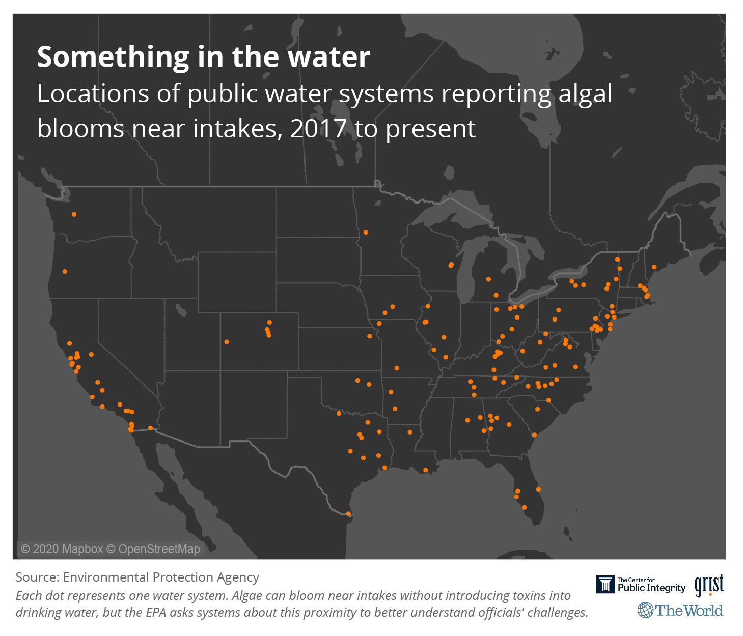 A map of the lower 50 US states shaded in dark with orange dots on it where public water systems reporting algal blooms near intakes.