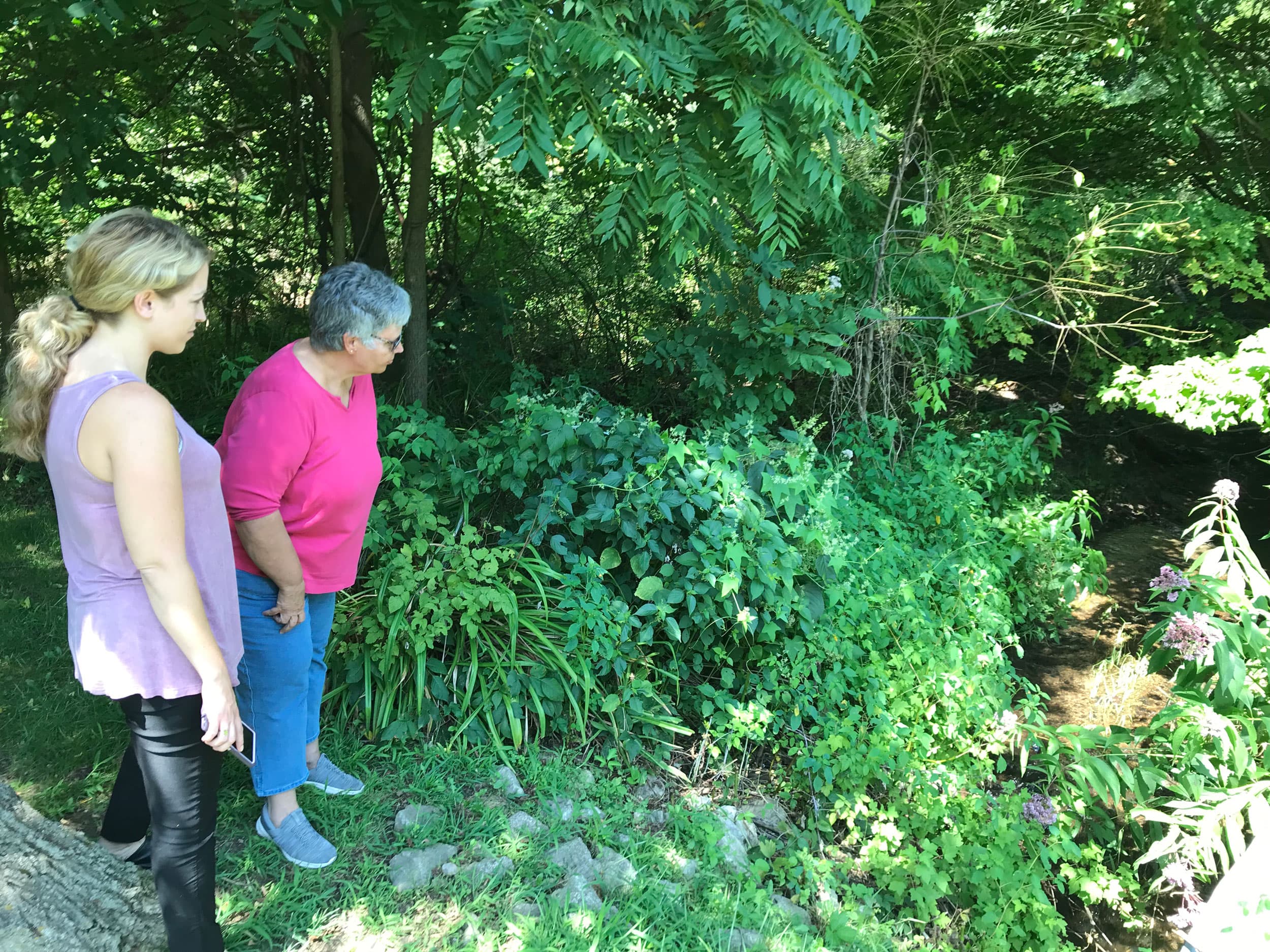 Two women are shown in a wooden setting looking out on a creek.