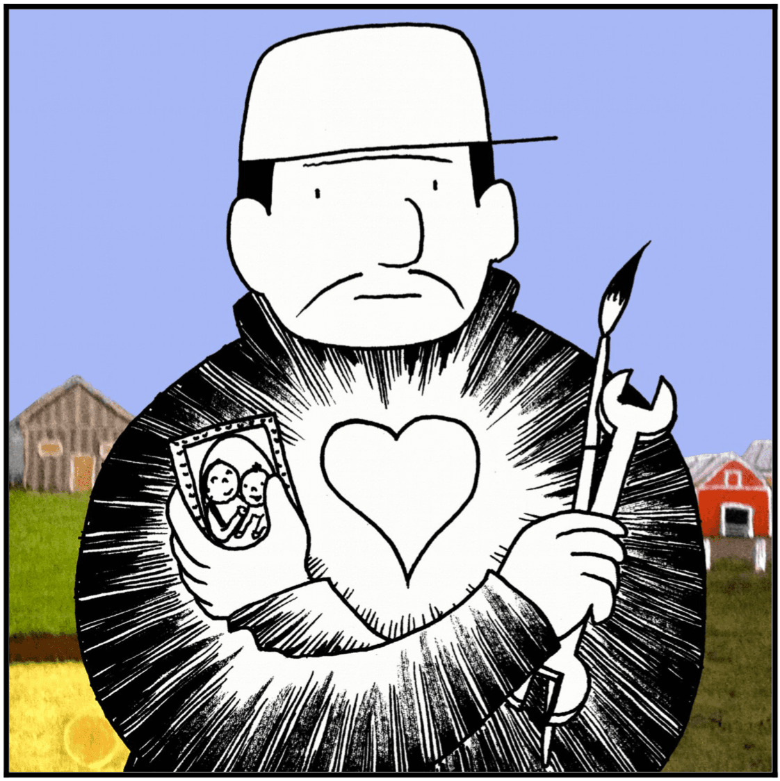 A comic book panel of a man clutching a photo, wrench and paint brush