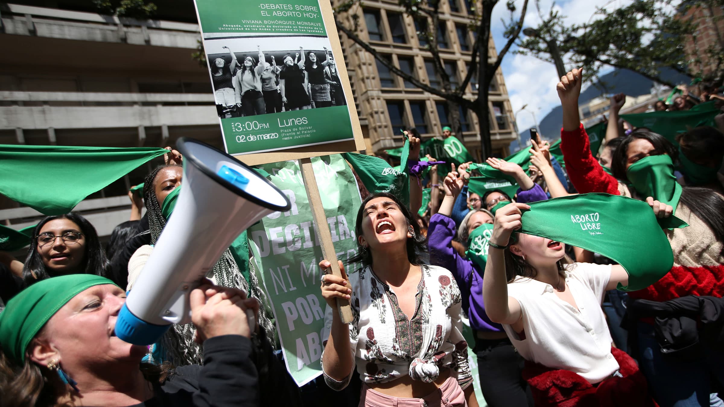 Demonstrators and activists take part in a rally in support of legal and safe abortion outside the Colombian constitutional court, in Bogota, Colombia, March 2, 2020.