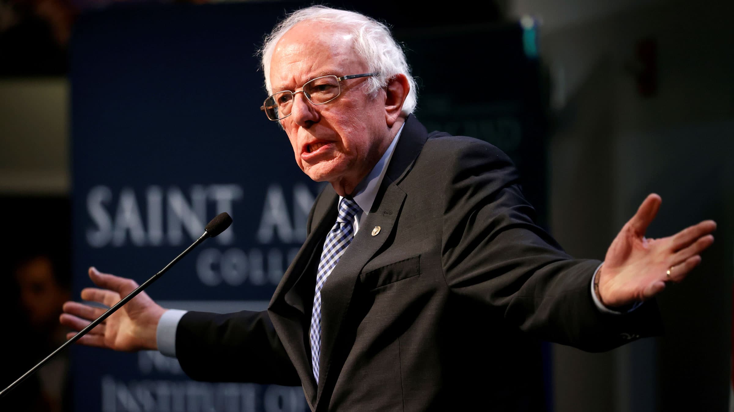 Dem. US presidential candidate Sen. Bernie Sanders speaks at the Politics and Eggs event at the New Hampshire Institute of Politics at Saint Anselm College in Manchester.