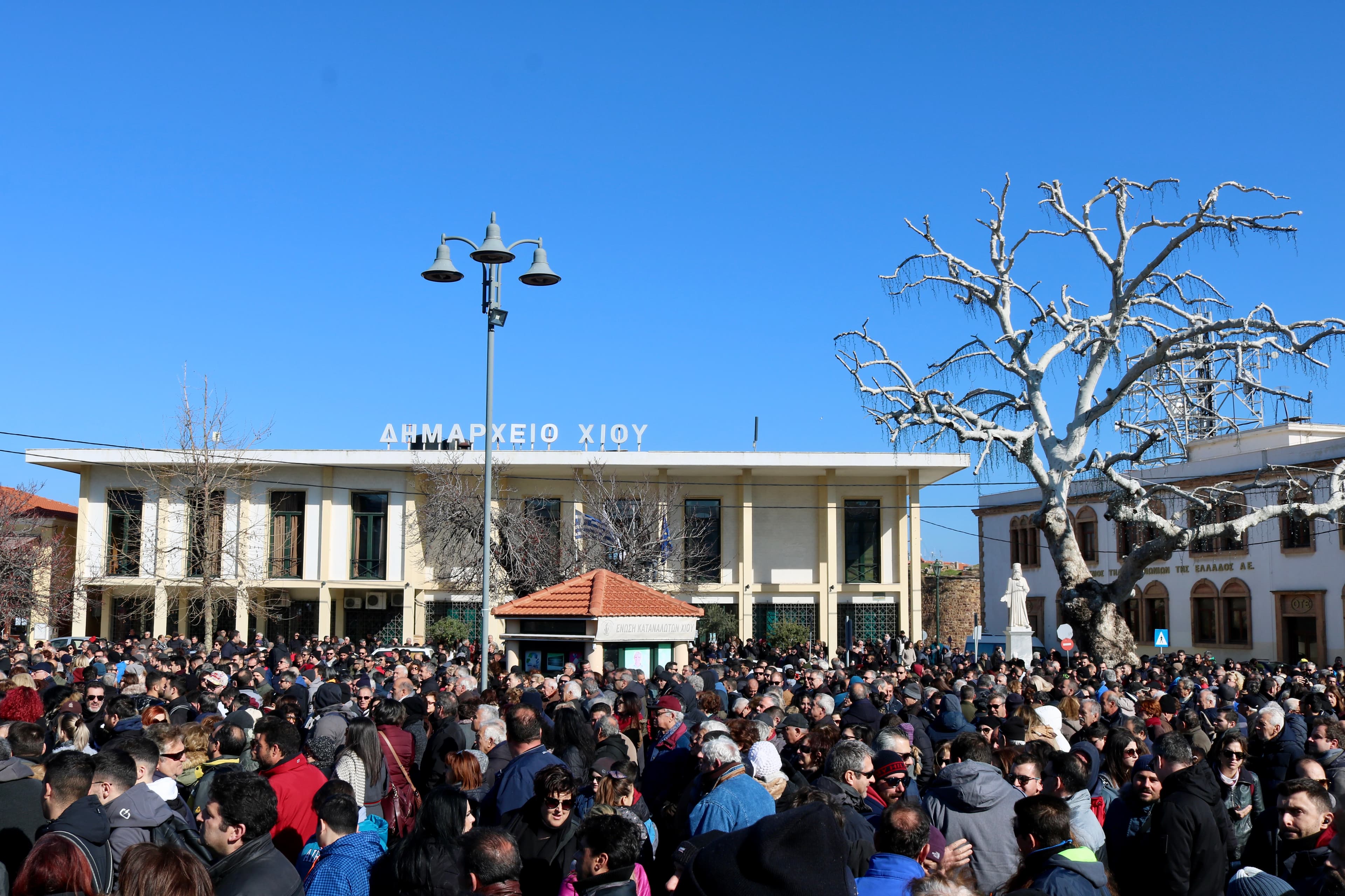 Residents of Chios gather in the town square on on Jan. 22, 2020 ,in protest to the planned construction of closed migrant detention camps on the island.