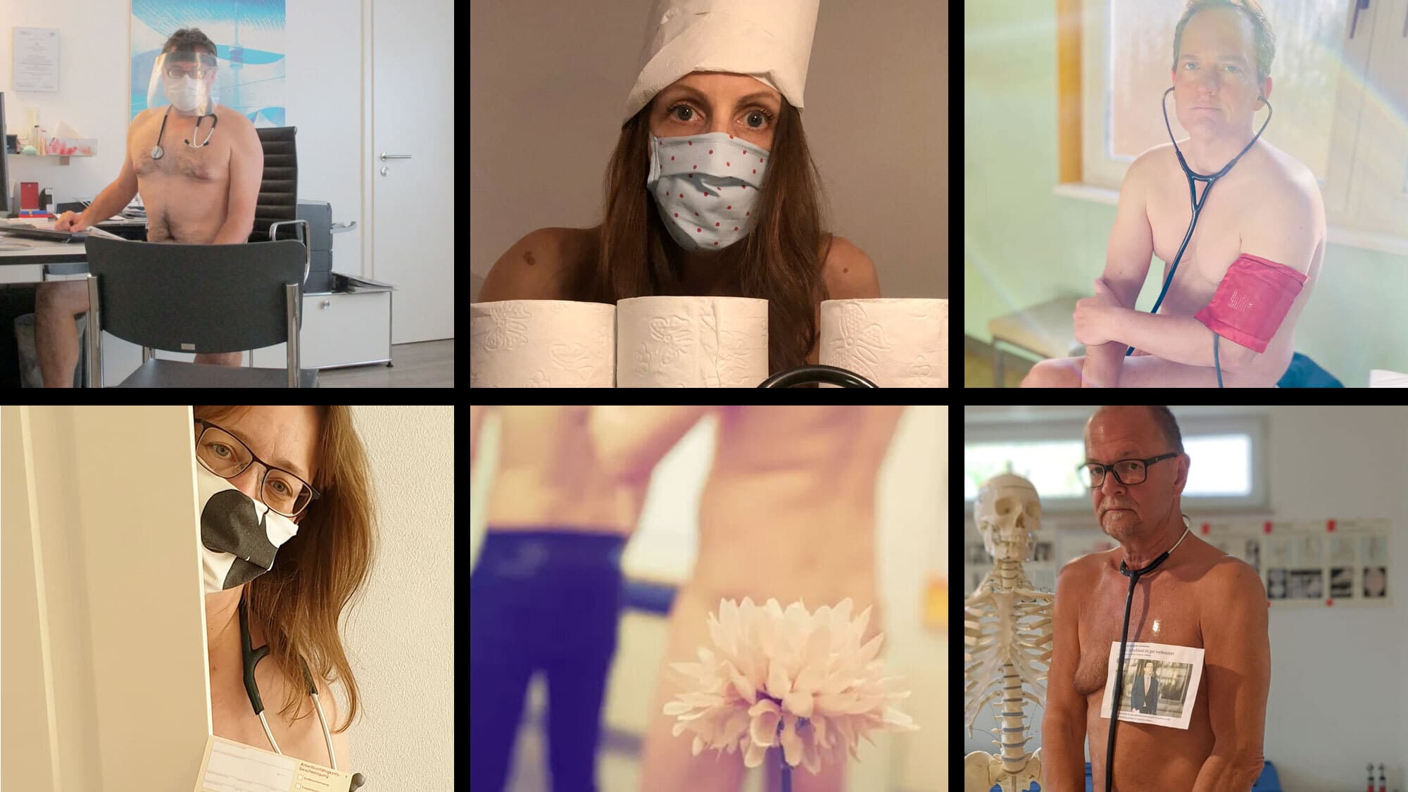 Screengrab of naked German doctors protesting in the nude because of lack of PPE during the COVID-19 outbreak.