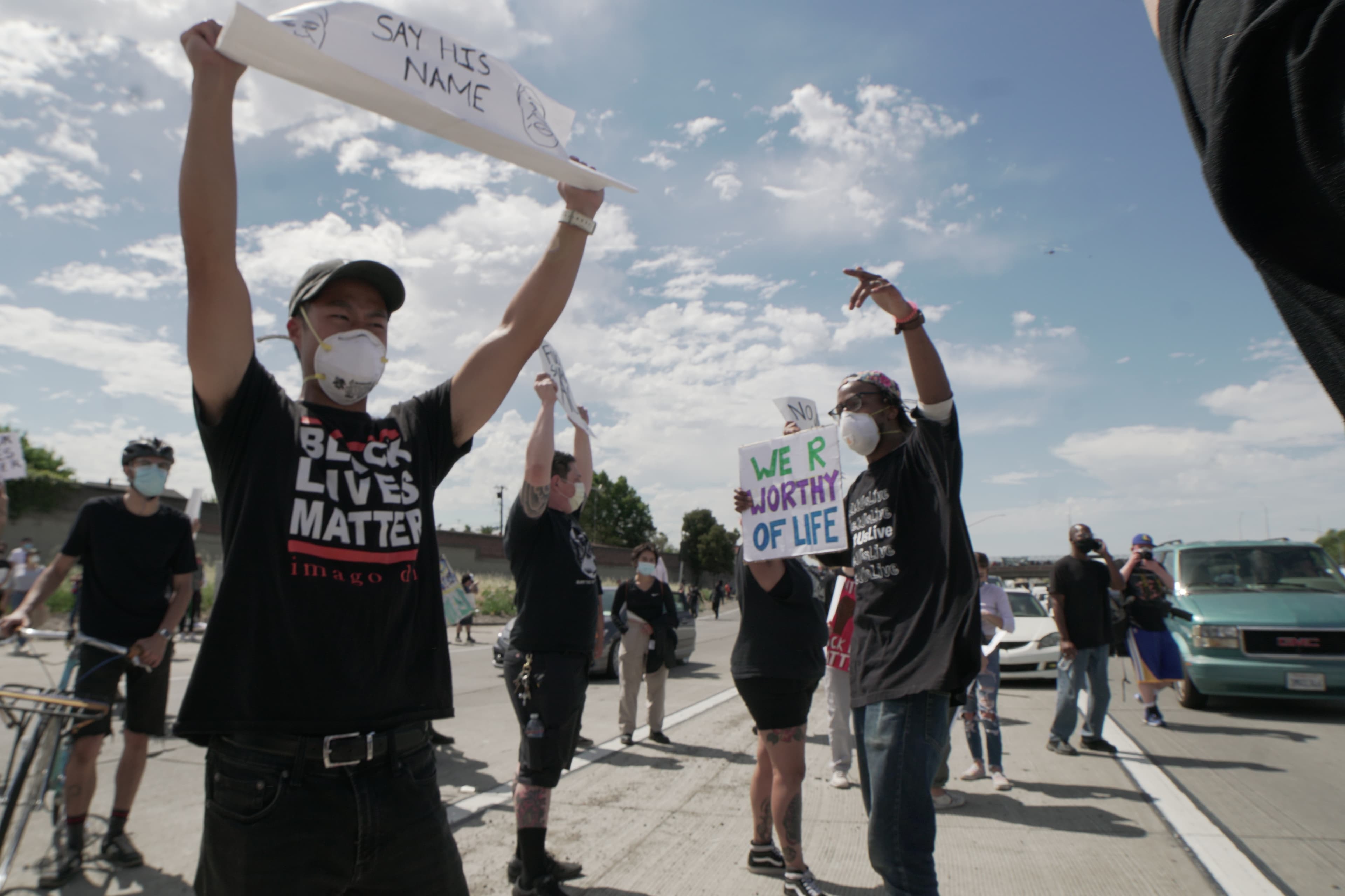 Derrick Sanderlin, right, at a Black Lives Matter protest in San Jose, California, last month.